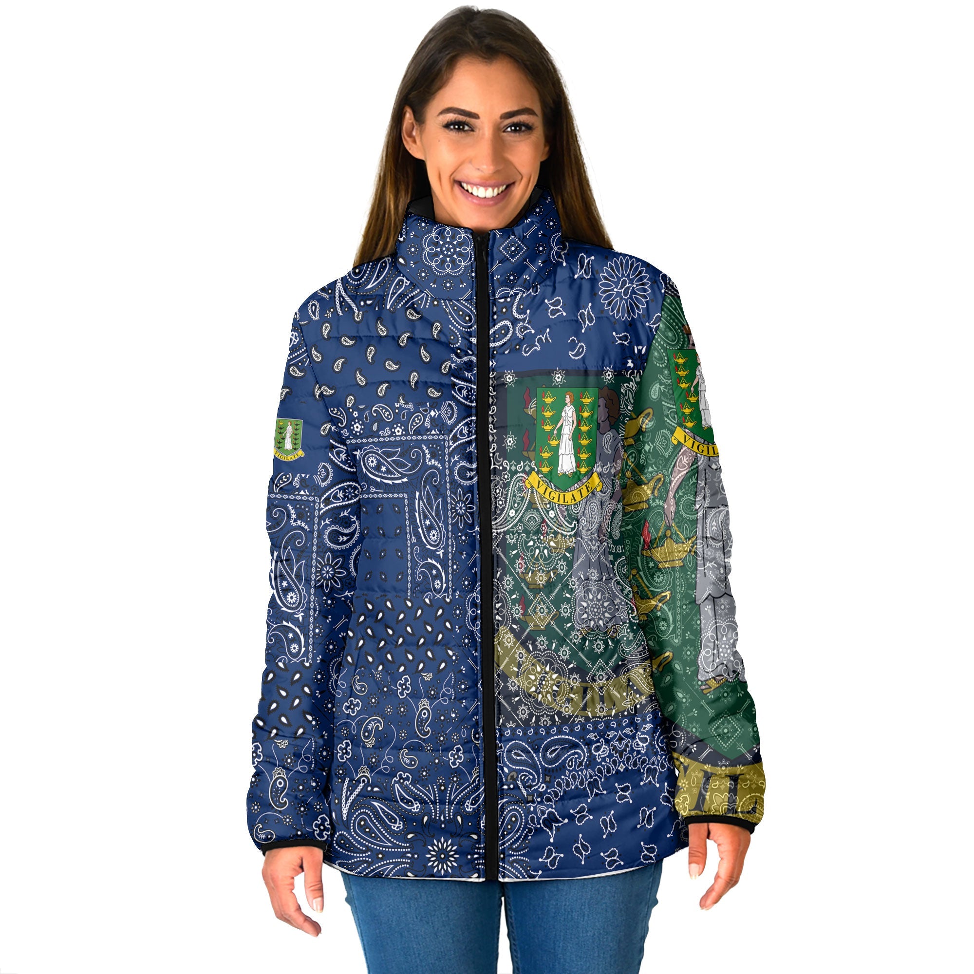 British Virgin Islands Women Padded Jacket Paisley Flag And Skull Style 1