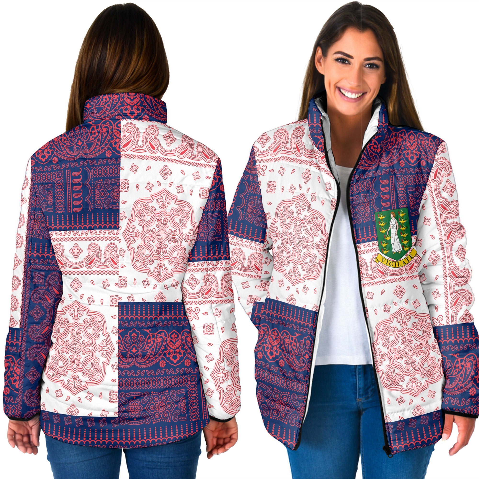 British Virgin Islands Women Padded Jacket Flag And Paisley Basic Style 3