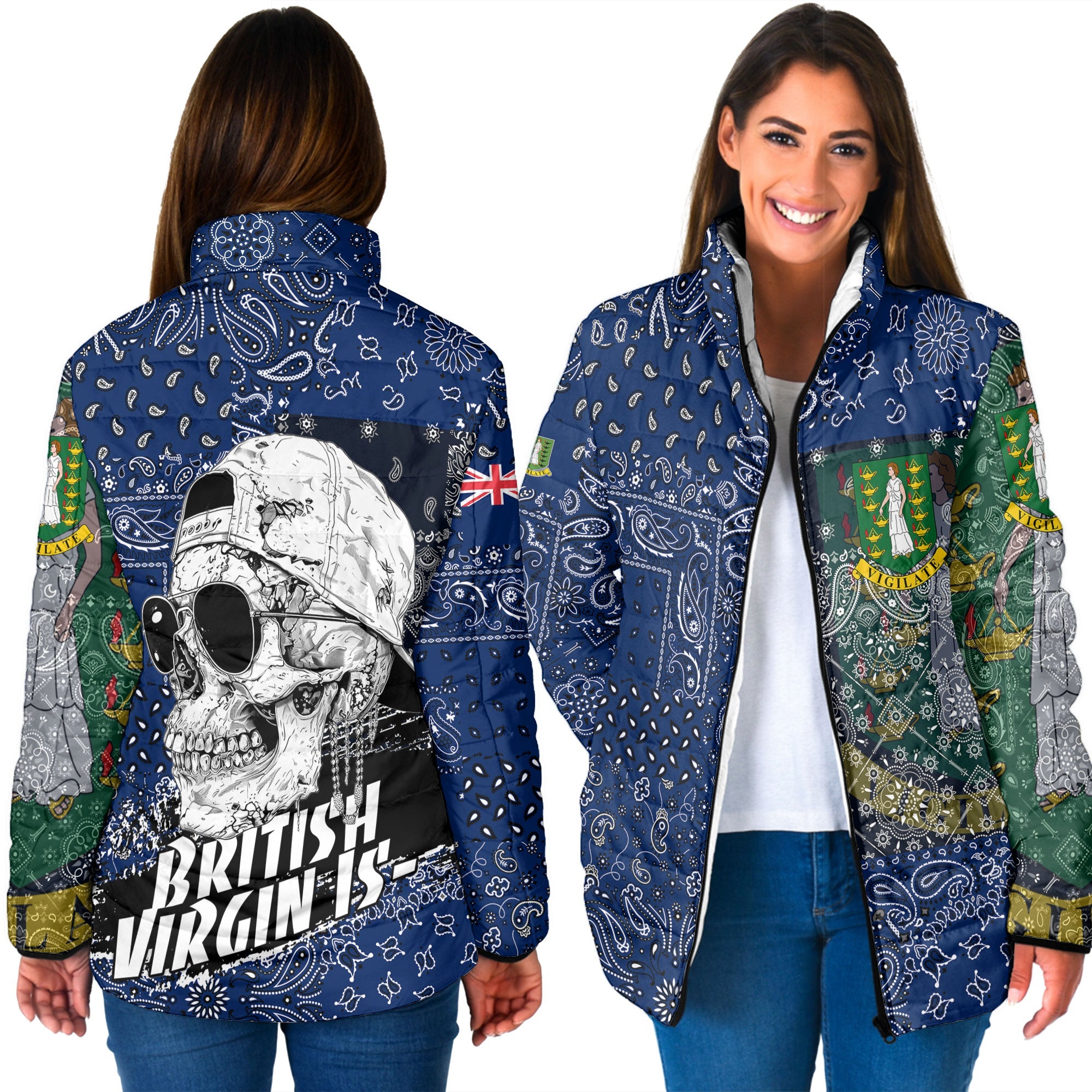 British Virgin Islands Women Padded Jacket Paisley Flag And Skull Style 3