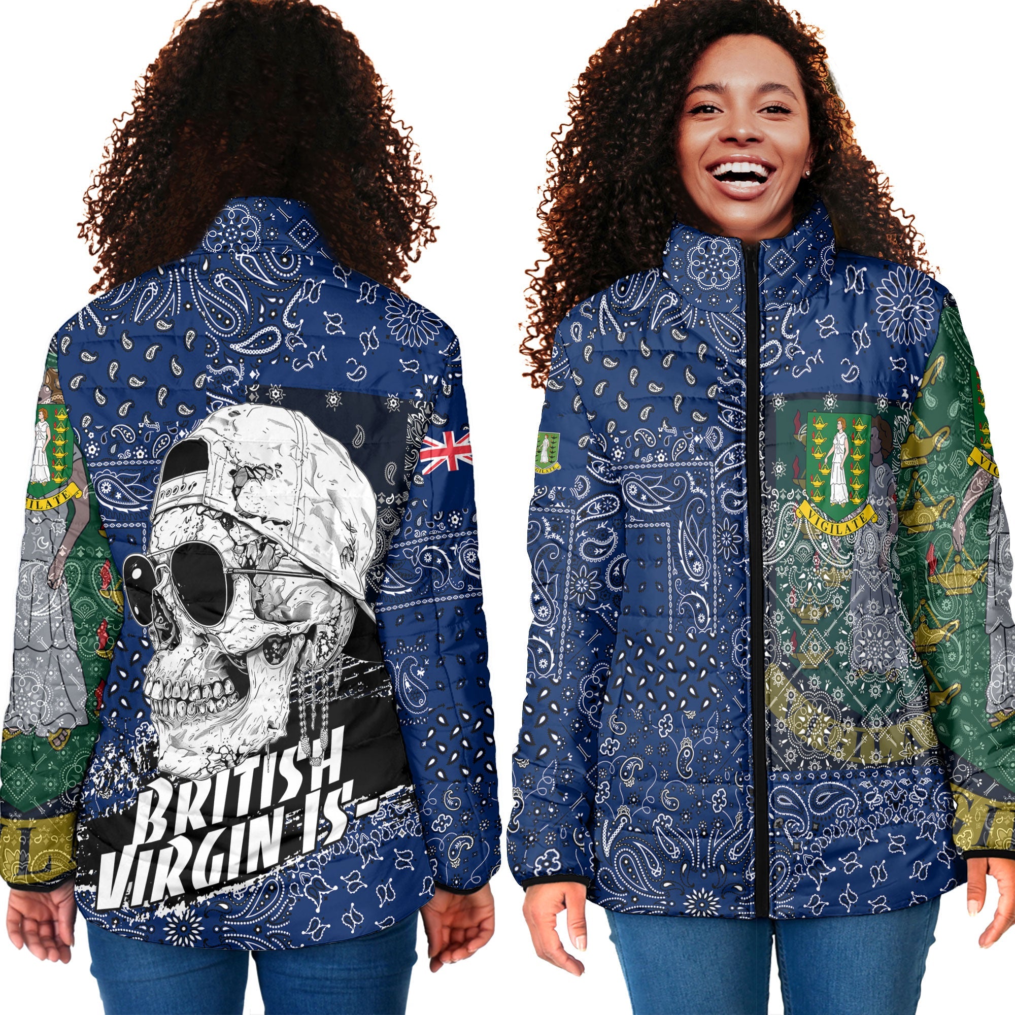 British Virgin Islands Women Padded Jacket Paisley Flag And Skull Style 4