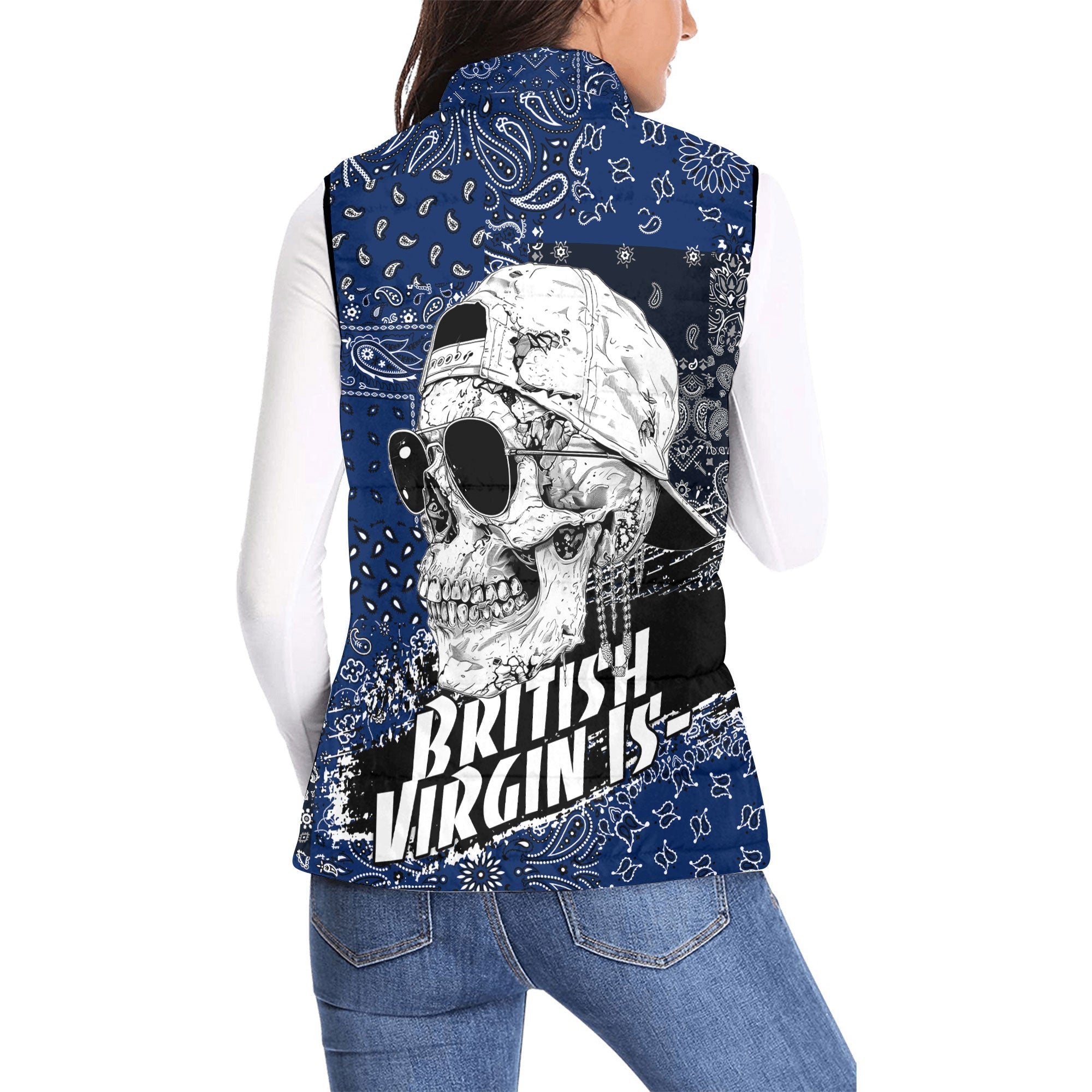 British Virgin Islands Women Padded Jacket Vest Paisley Flag And Skull Style 2