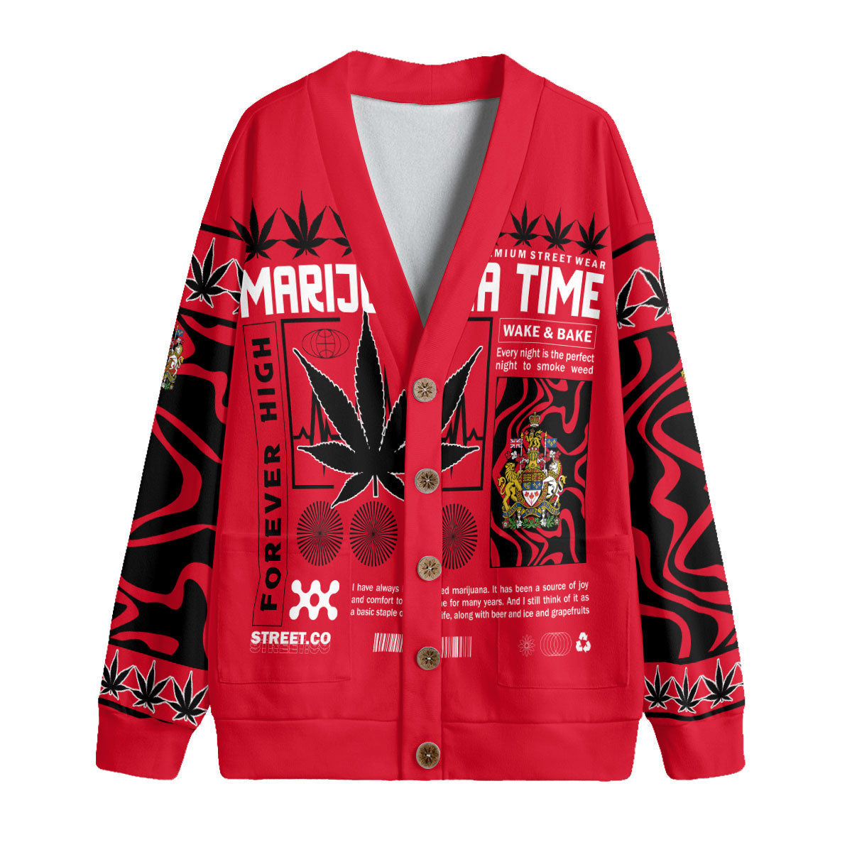 Canada Fleece Cardigan Flag & Coat Of Arms Marijuanas Style