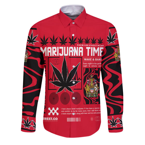 Canada Long Sleeve Button Shirt Flag & Coat Of Arms Marijuanas Style