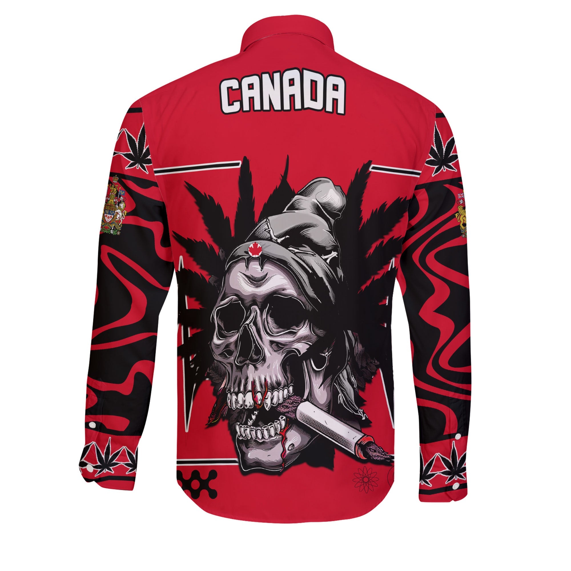 Canada Long Sleeve Button Shirt Flag & Coat Of Arms Marijuanas Style