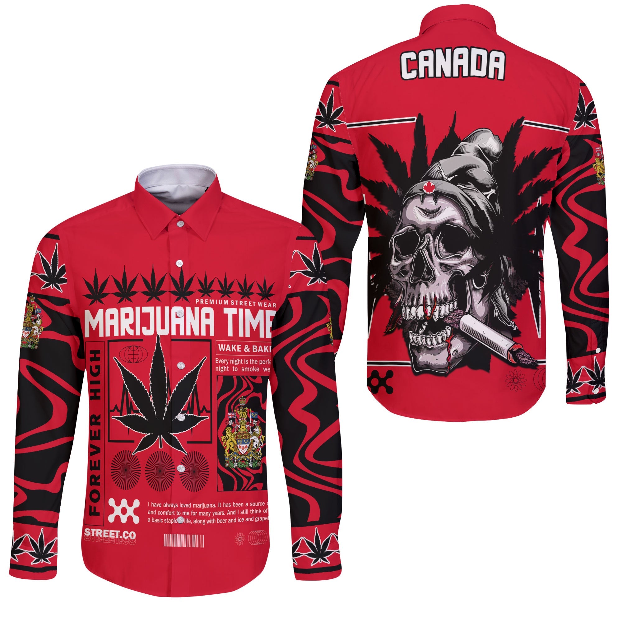 Canada Long Sleeve Button Shirt Flag & Coat Of Arms Marijuanas Style