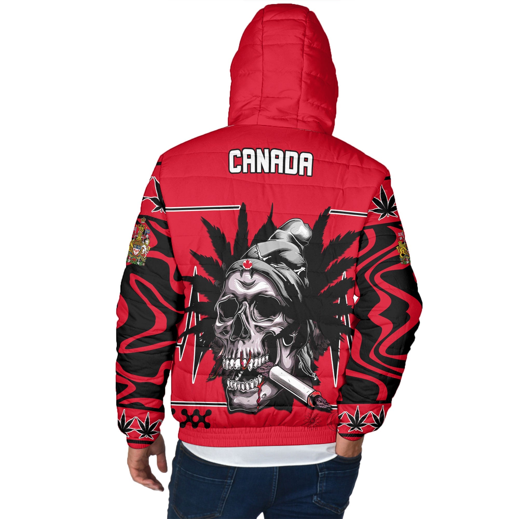 Canada Men Hooded Padded Jacket Flag & Coat Of Arms Marijuanas Style