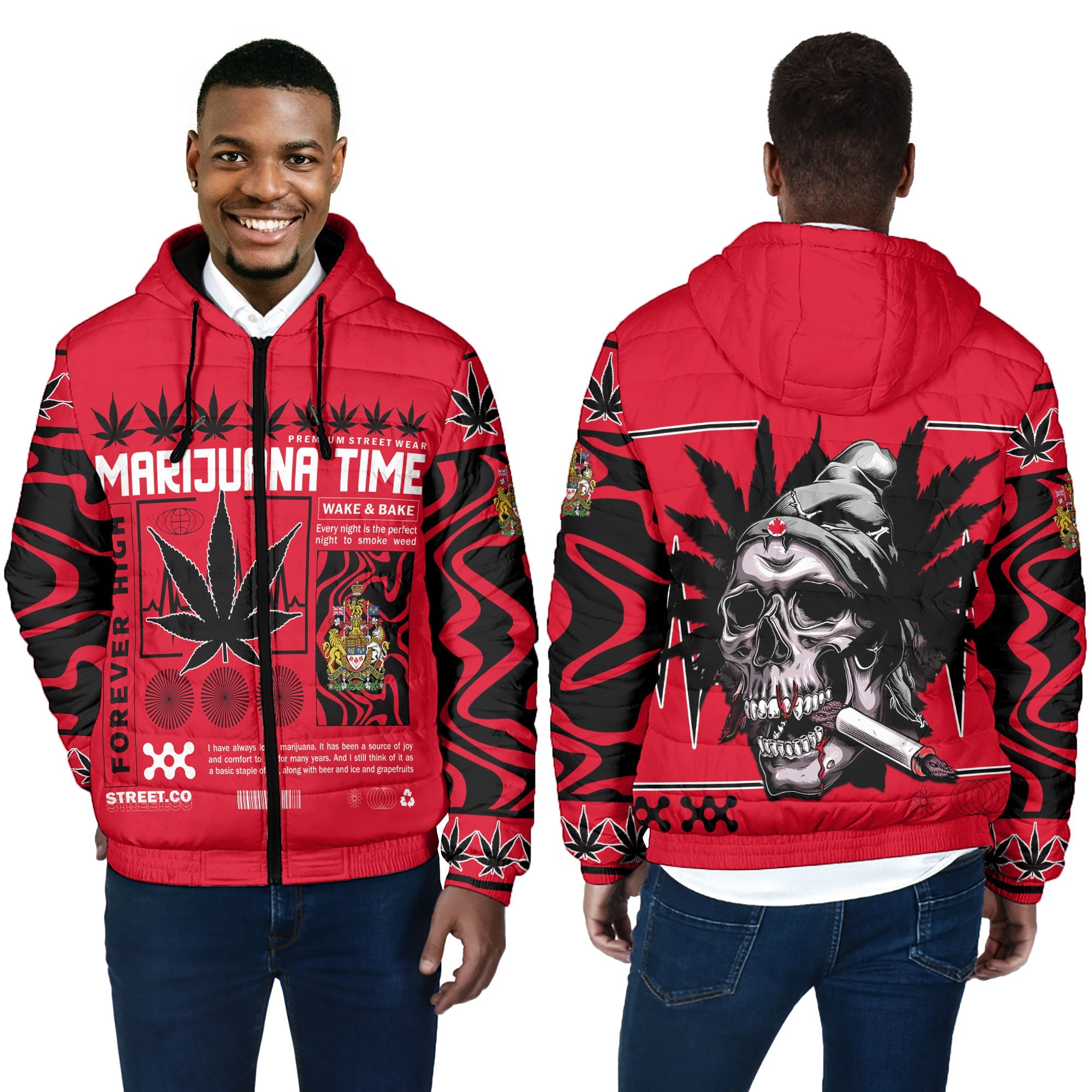 Canada Men Hooded Padded Jacket Flag & Coat Of Arms Marijuanas Style