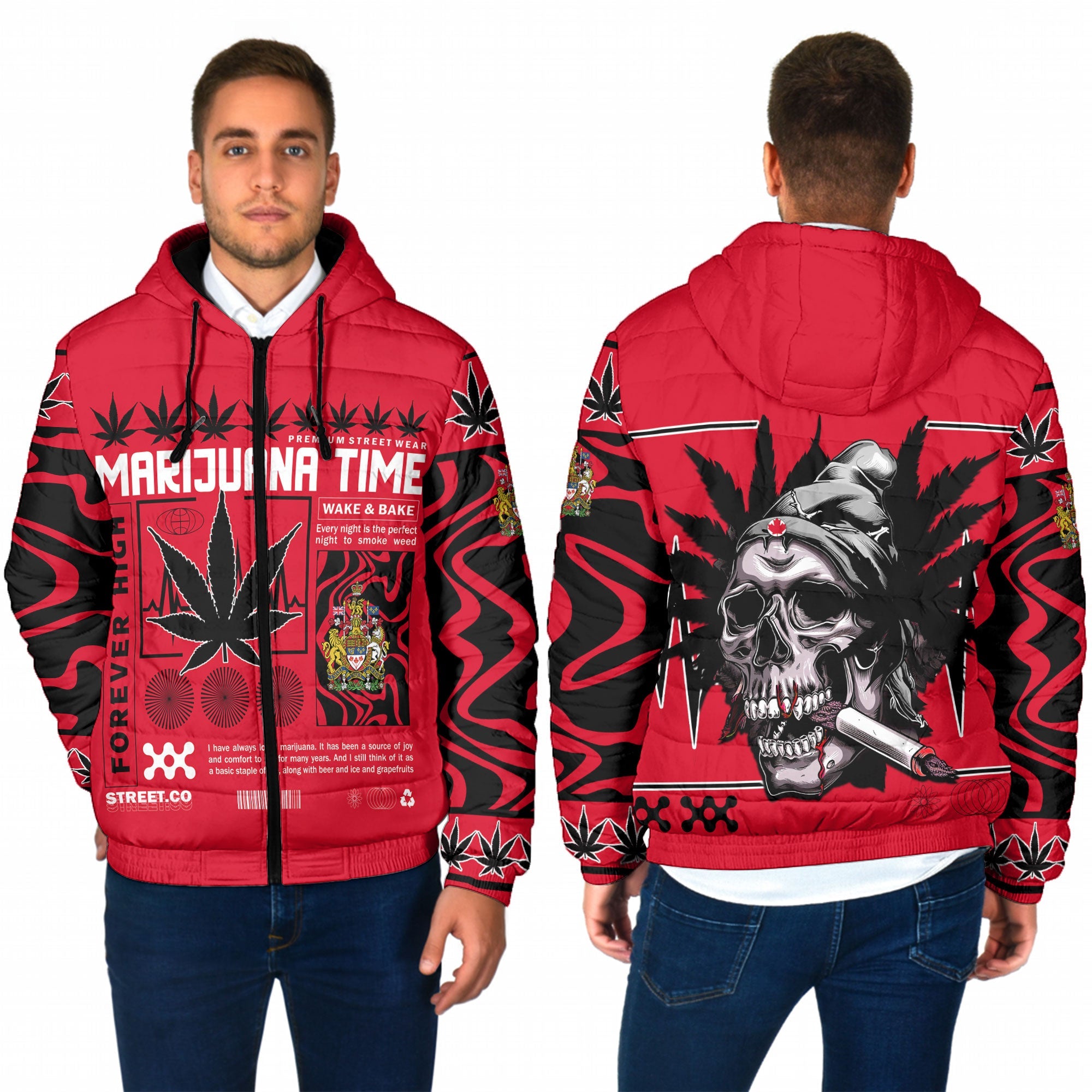 Canada Men Hooded Padded Jacket Flag & Coat Of Arms Marijuanas Style