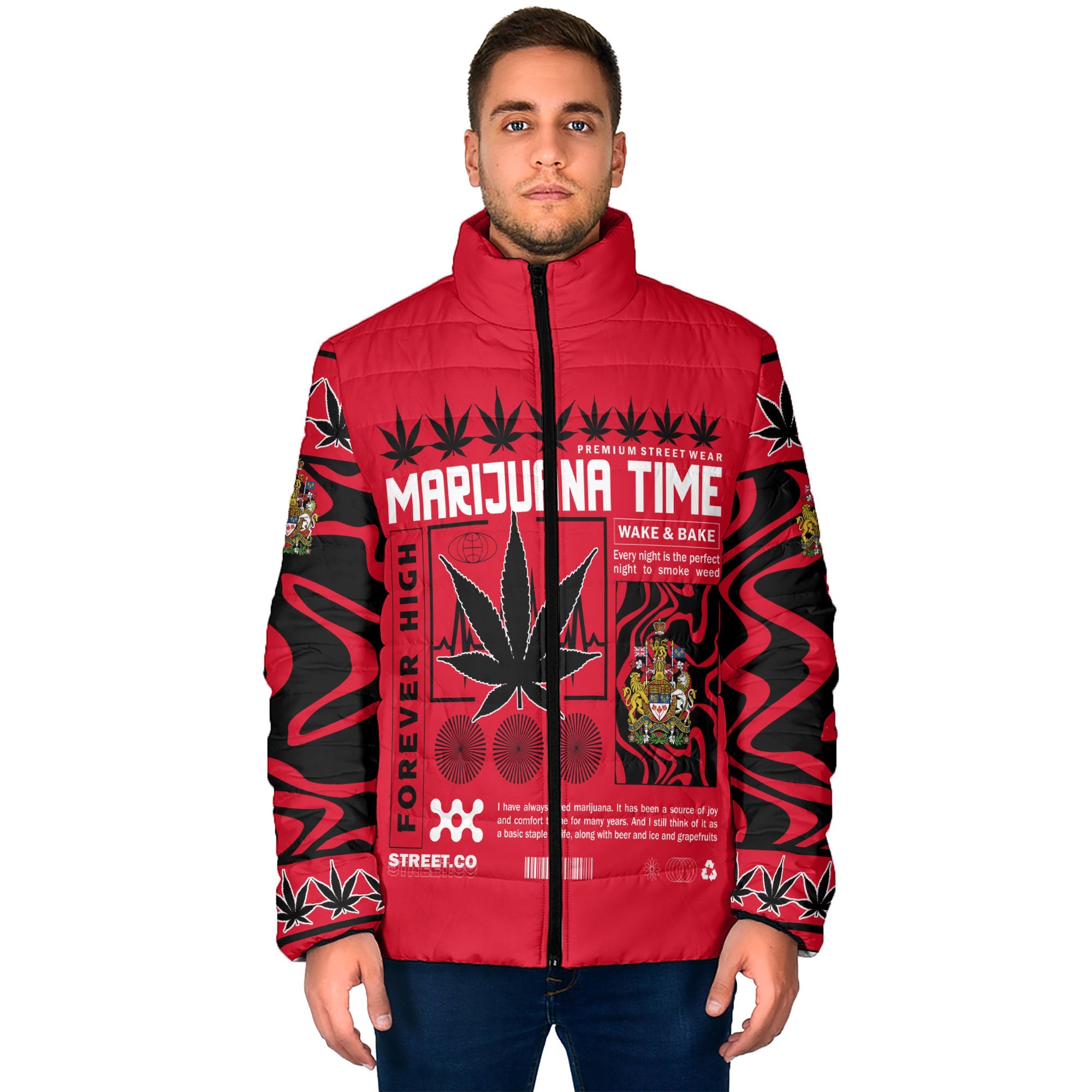 Canada Men Padded Jacket Flag & Coat Of Arms Marijuanas Style