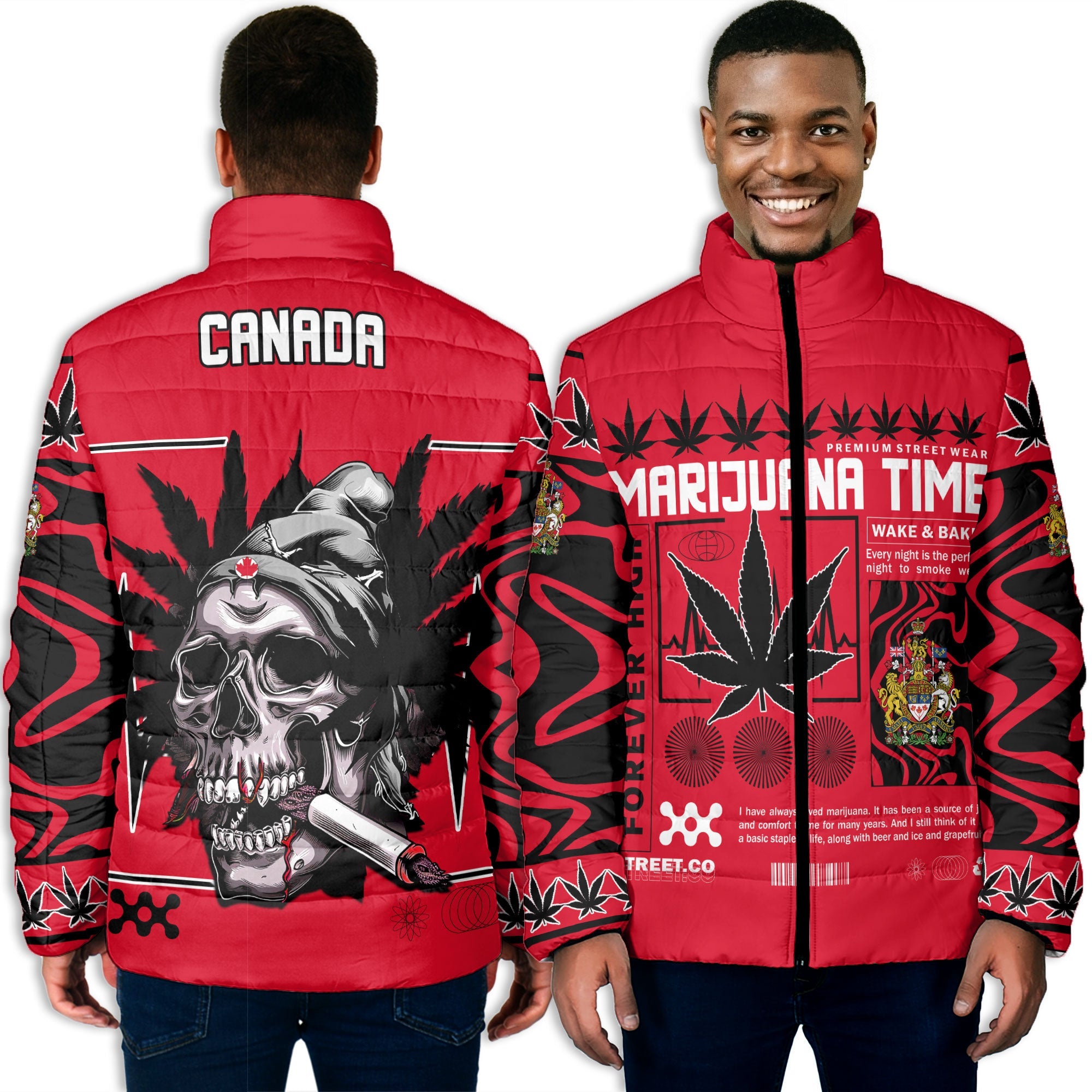 Canada Men Padded Jacket Flag & Coat Of Arms Marijuanas Style