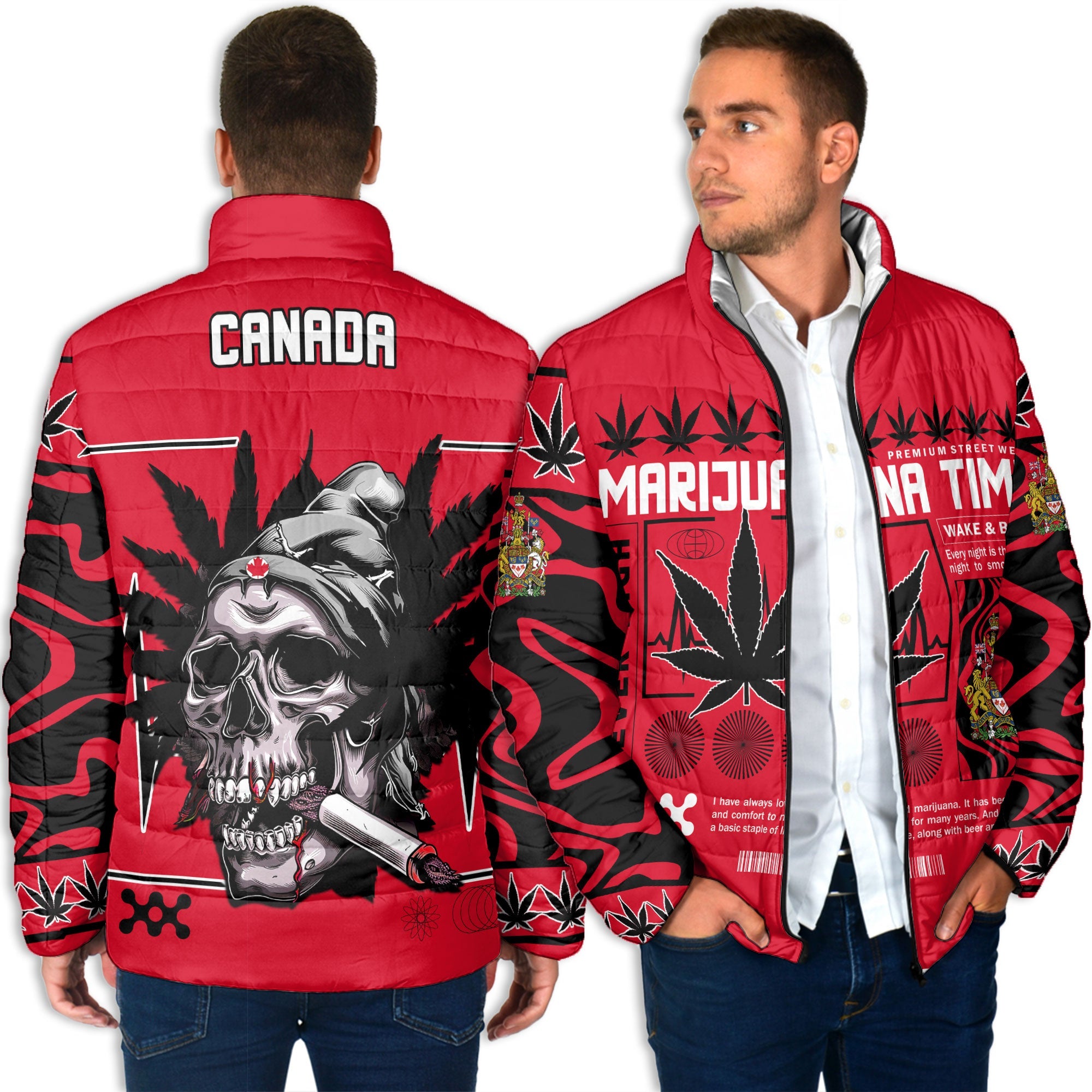 Canada Men Padded Jacket Flag & Coat Of Arms Marijuanas Style