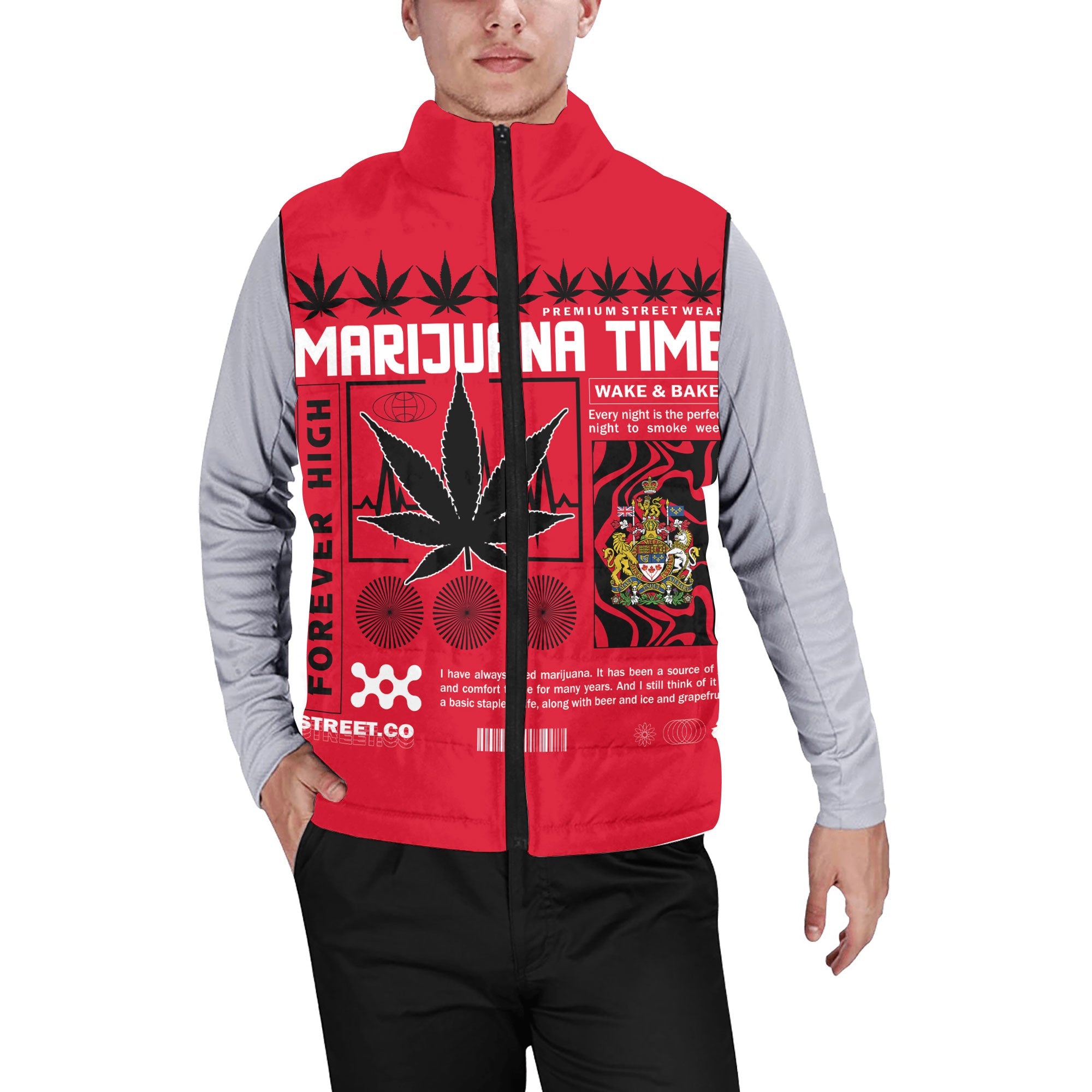 Canada Men Padded Jacket Vest Flag & Coat Of Arms Marijuanas Style