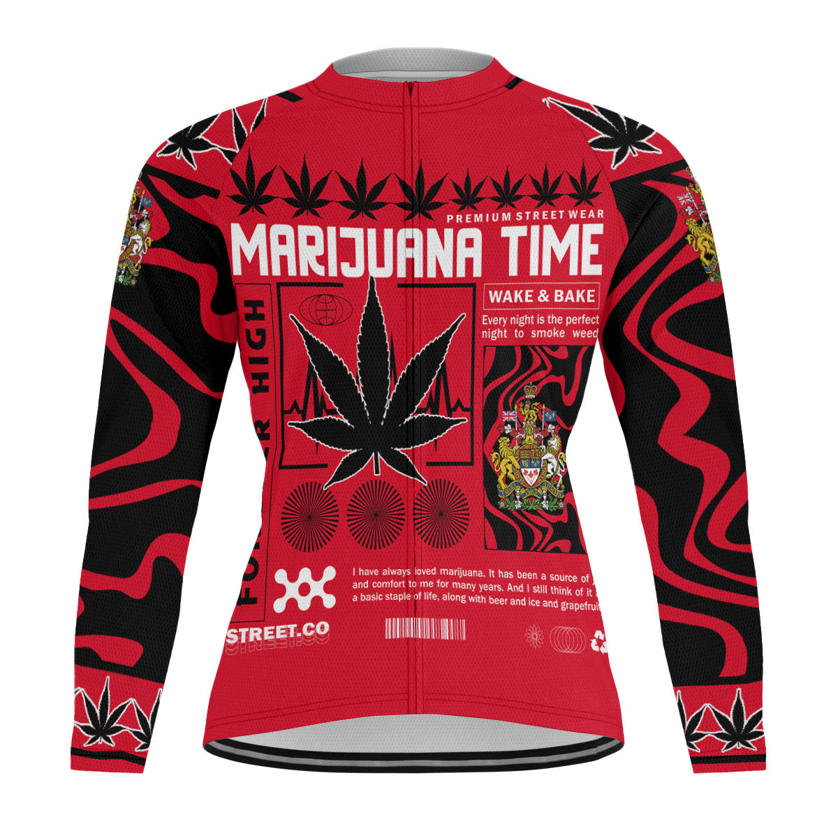 Canada Men's Cycling Jersey Long Sleeve Flag & Coat Of Arms Marijuanas Style