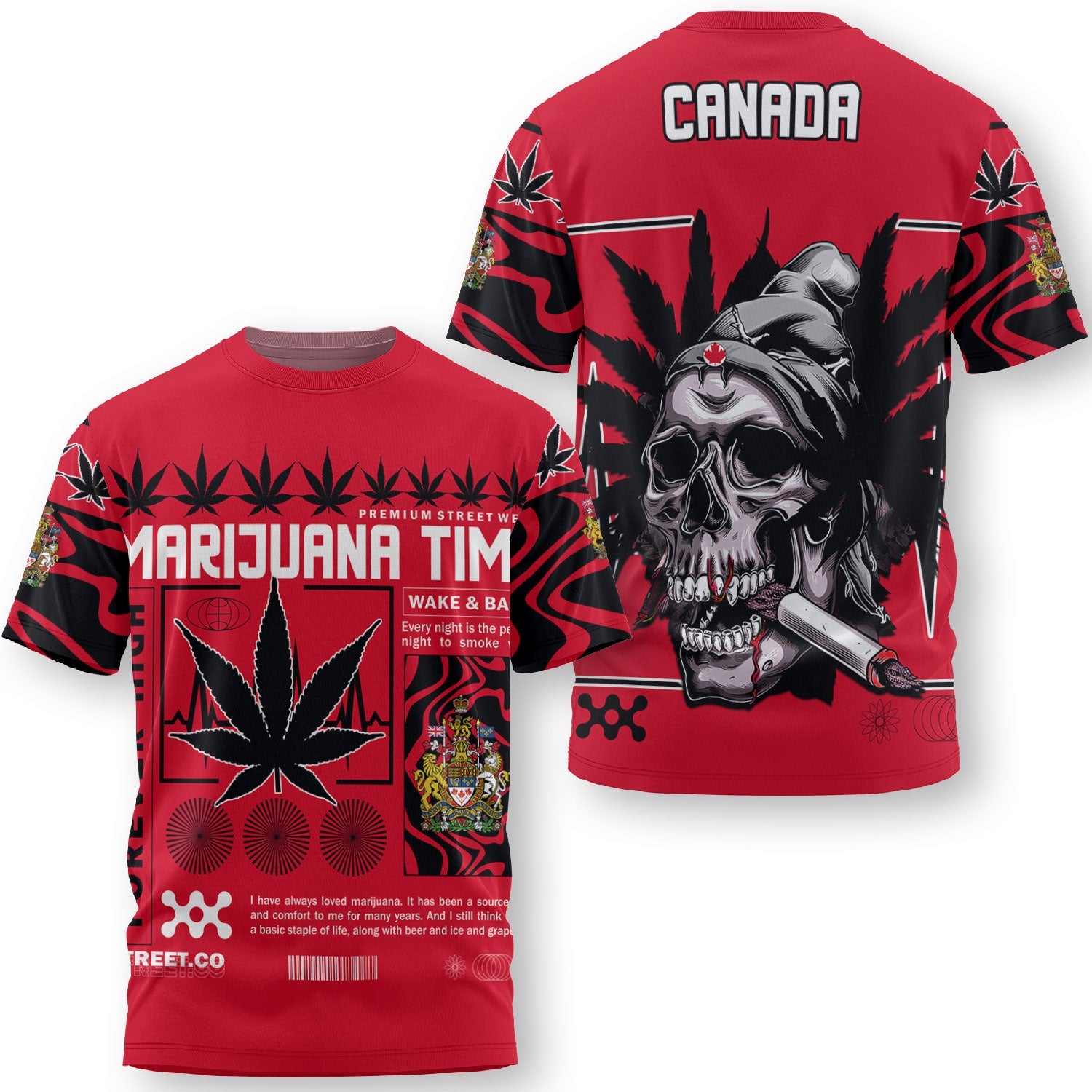 Canada T Shirt Flag & Coat Of Arms Marijuanas Style