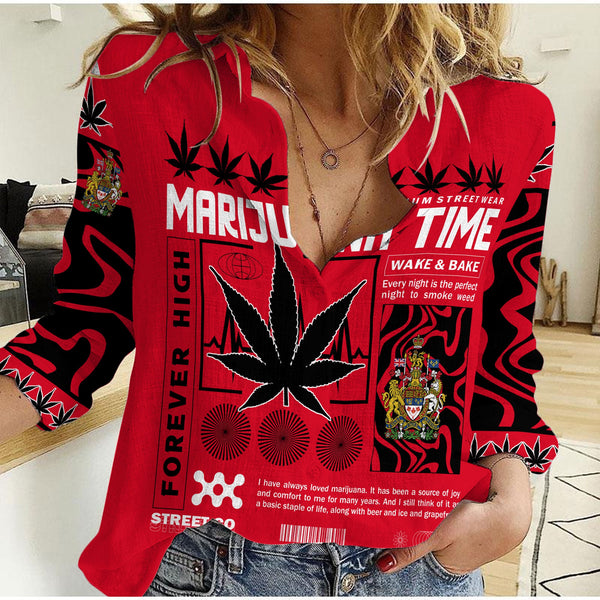 Canada Women Casual Shirt Flag & Coat Of Arms Marijuanas Style