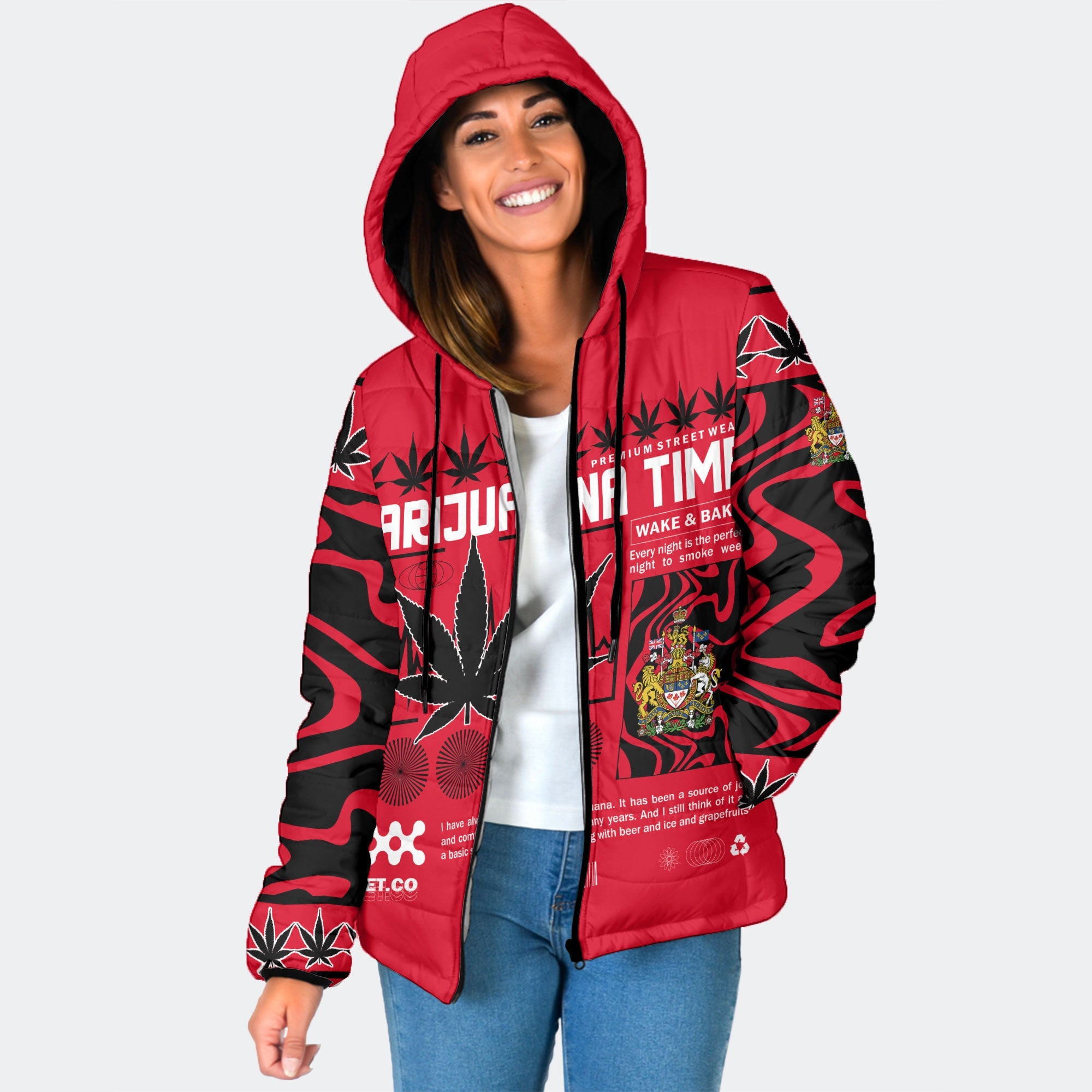 Canada Women Hooded Padded Jacket Flag & Coat Of Arms Marijuanas Style