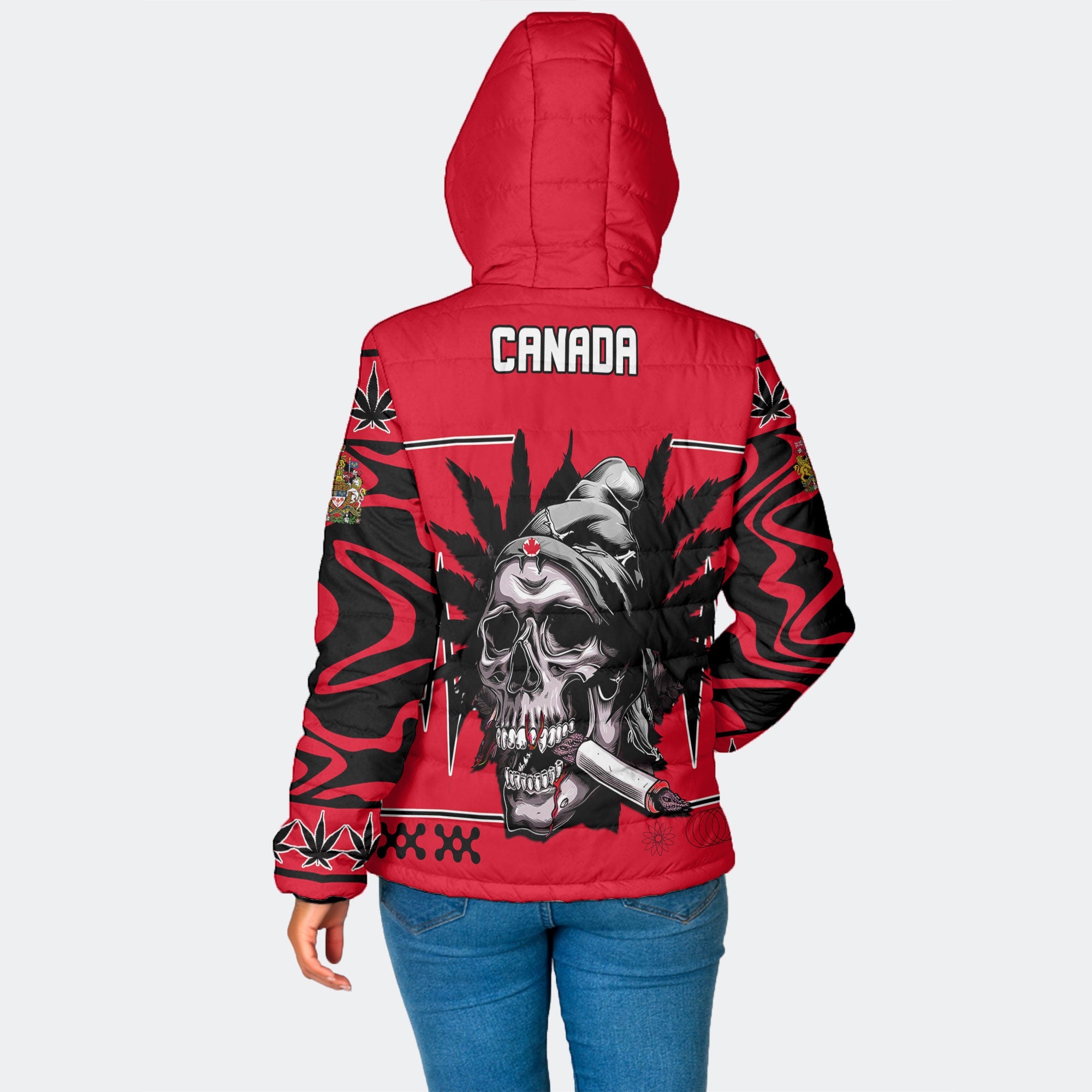 Canada Women Hooded Padded Jacket Flag & Coat Of Arms Marijuanas Style