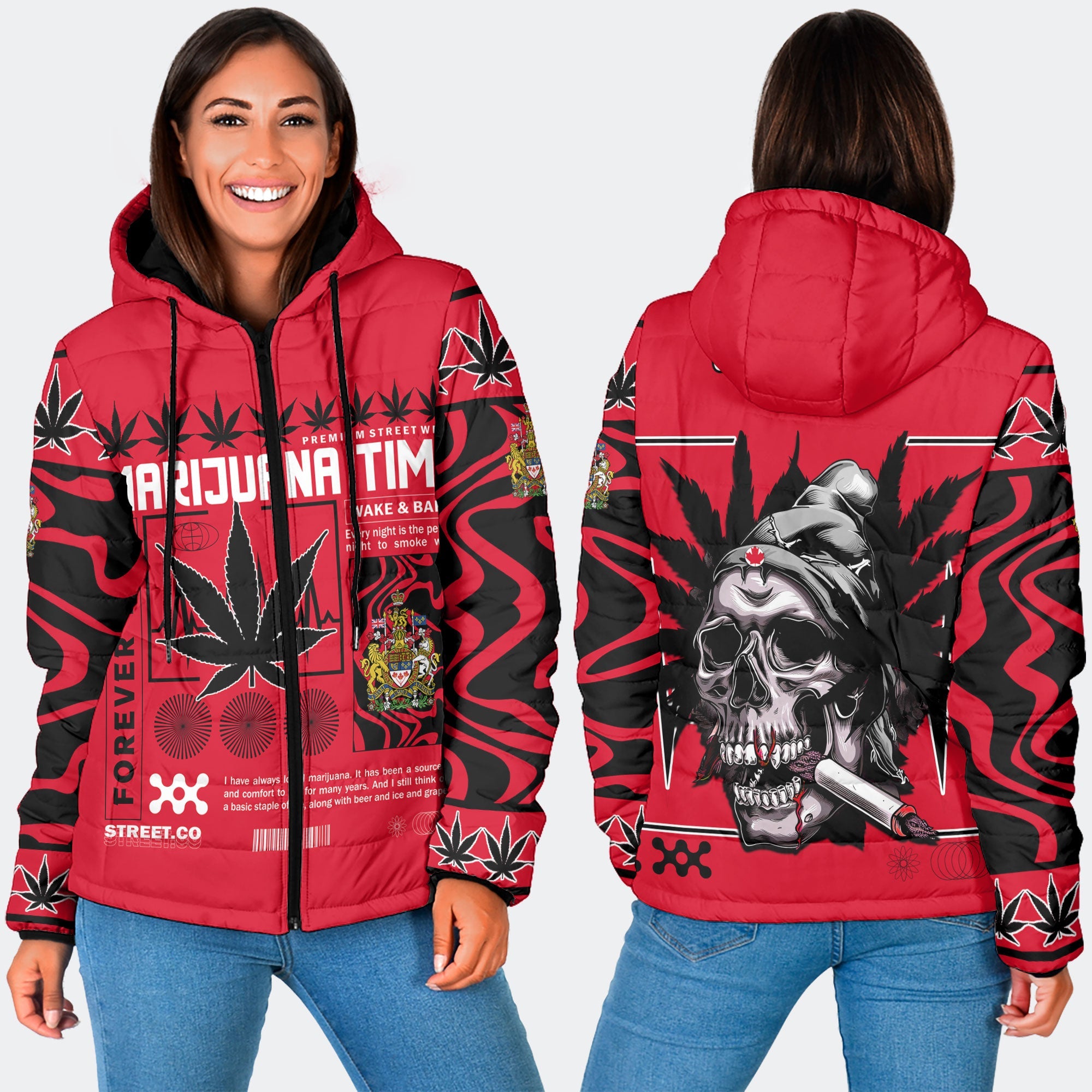 Canada Women Hooded Padded Jacket Flag & Coat Of Arms Marijuanas Style