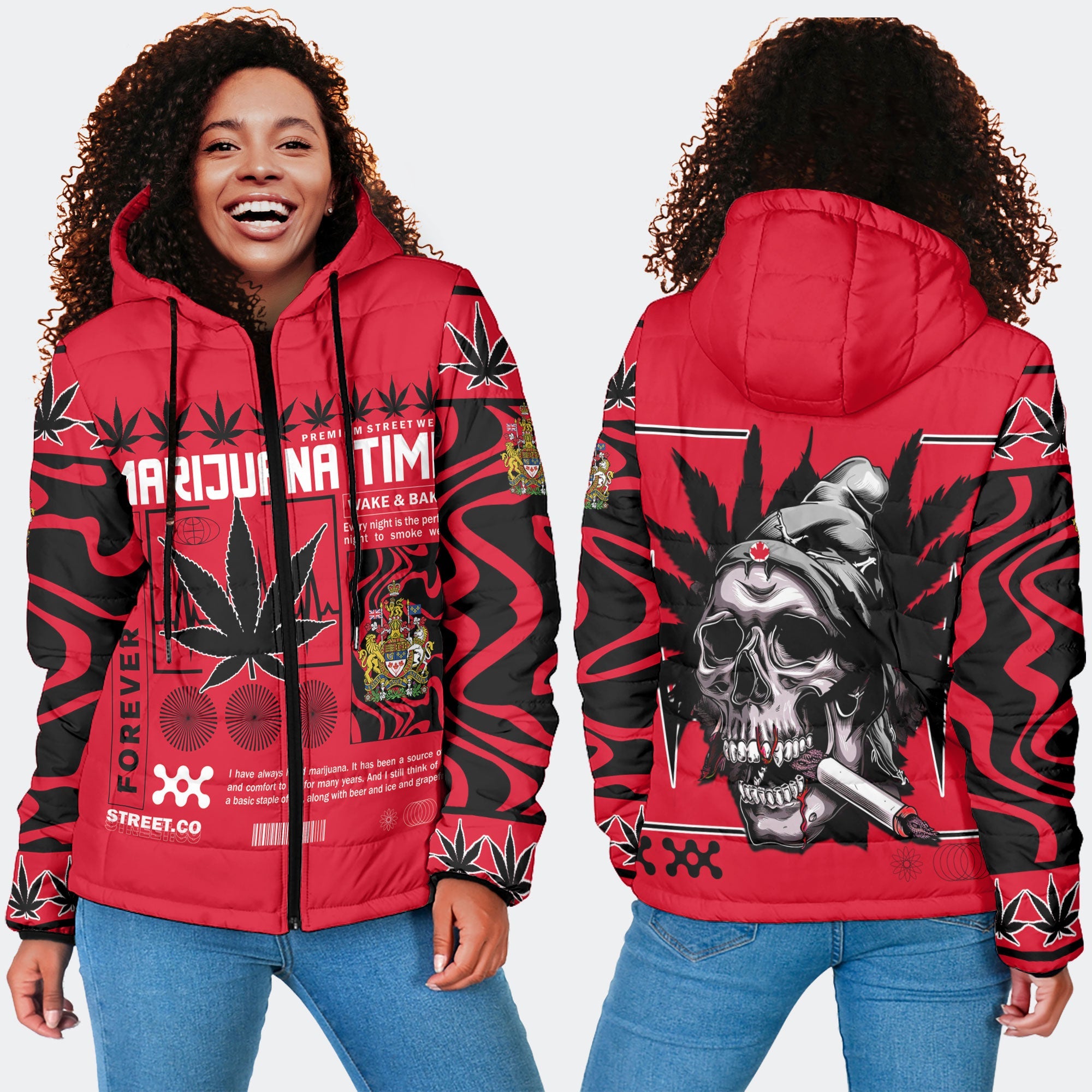 Canada Women Hooded Padded Jacket Flag & Coat Of Arms Marijuanas Style