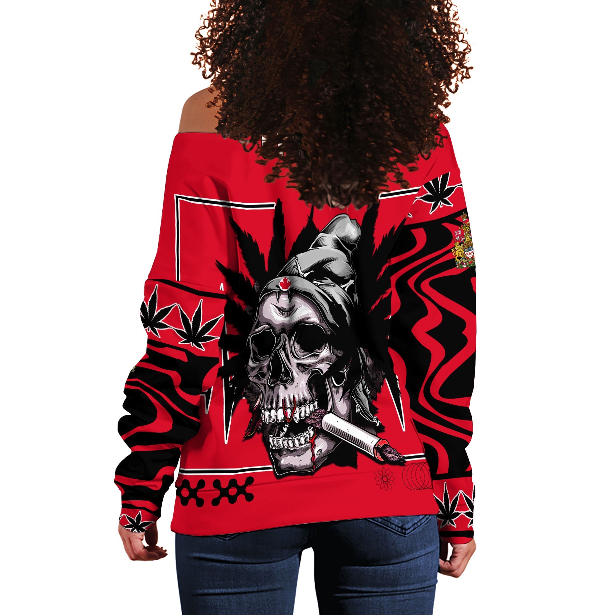 Canada Women Off Shoulder Sweatshirt Flag & Coat Of Arms Marijuanas Style