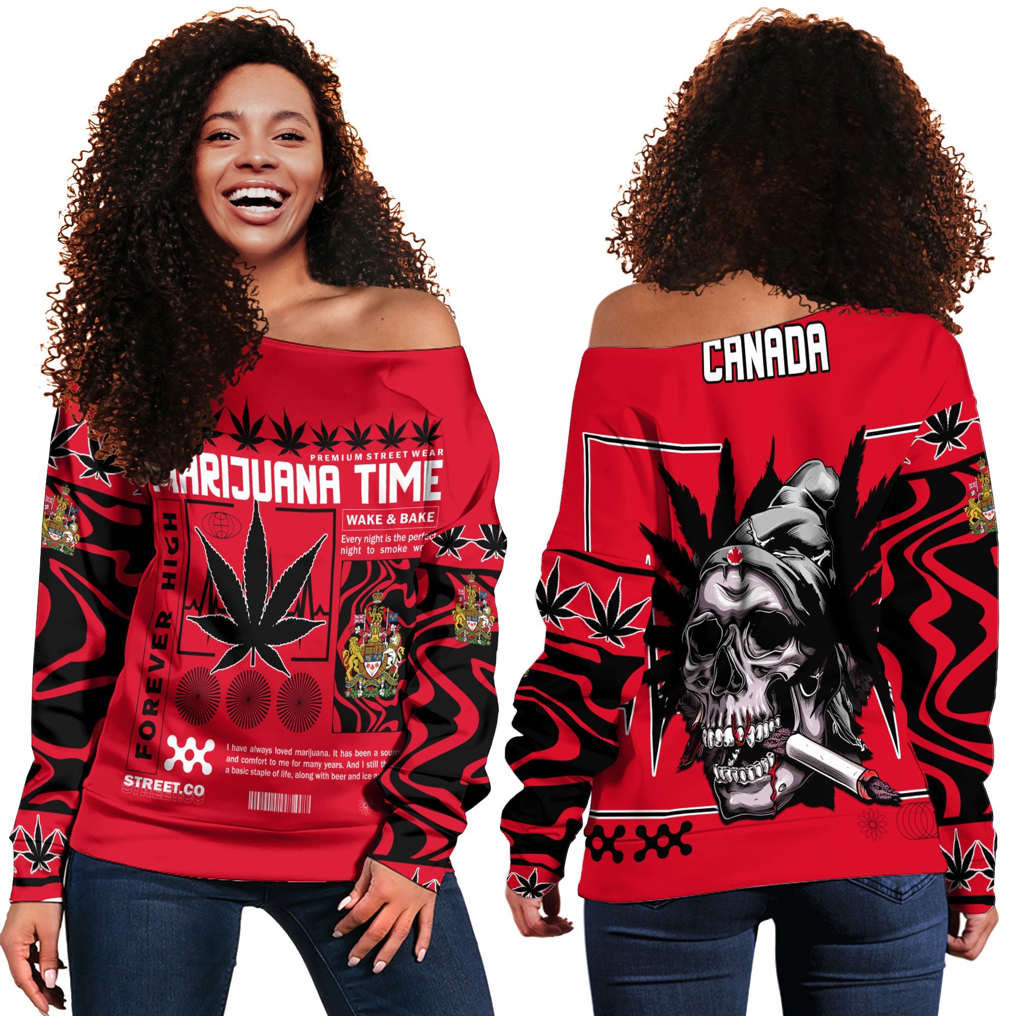 Canada Women Off Shoulder Sweatshirt Flag & Coat Of Arms Marijuanas Style