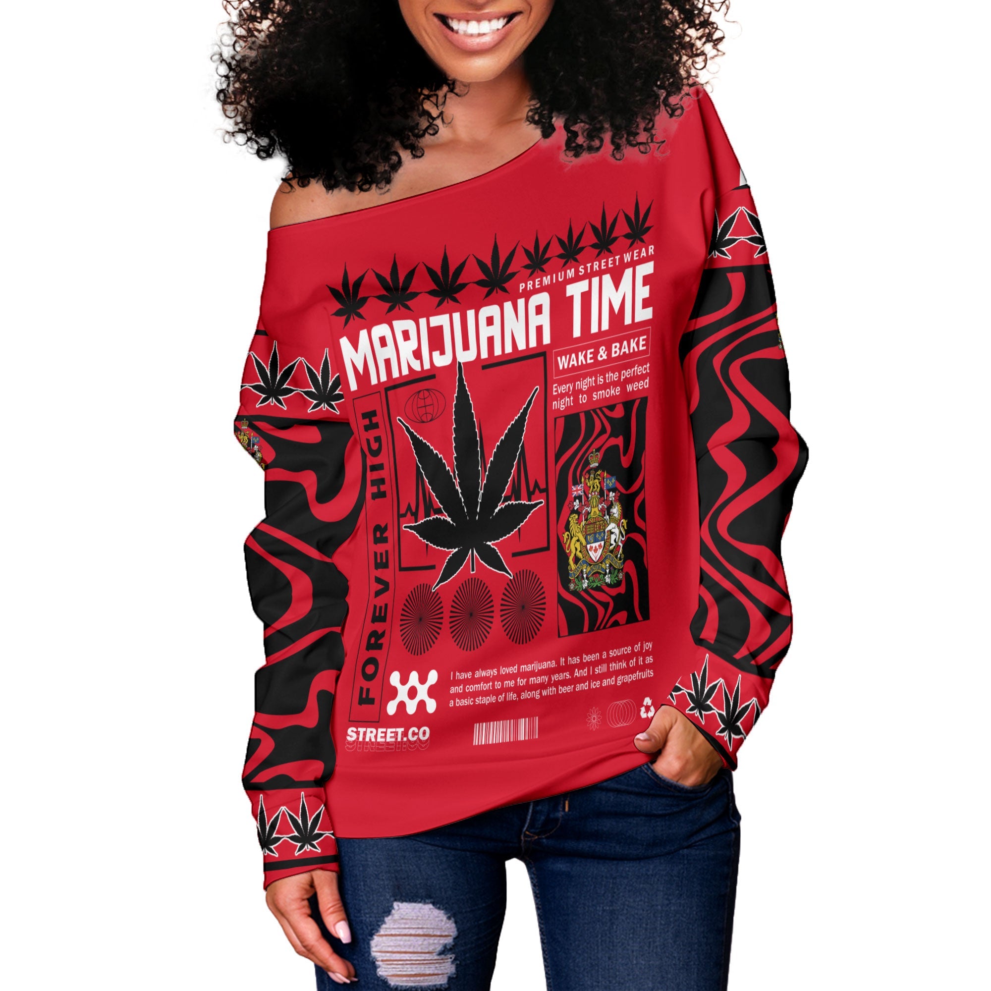 Canada Women Off Shoulder Sweatshirt Flag & Coat Of Arms Marijuanas Style