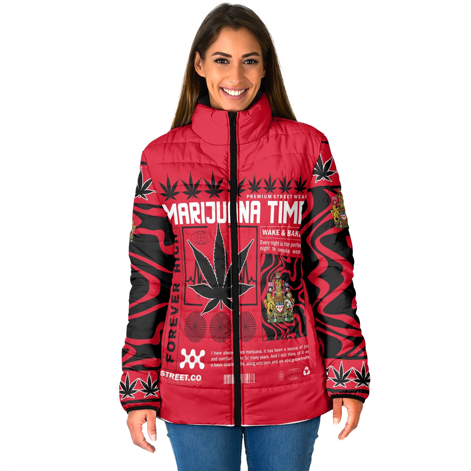 Canada Women Padded Jacket Flag & Coat Of Arms Marijuanas Style