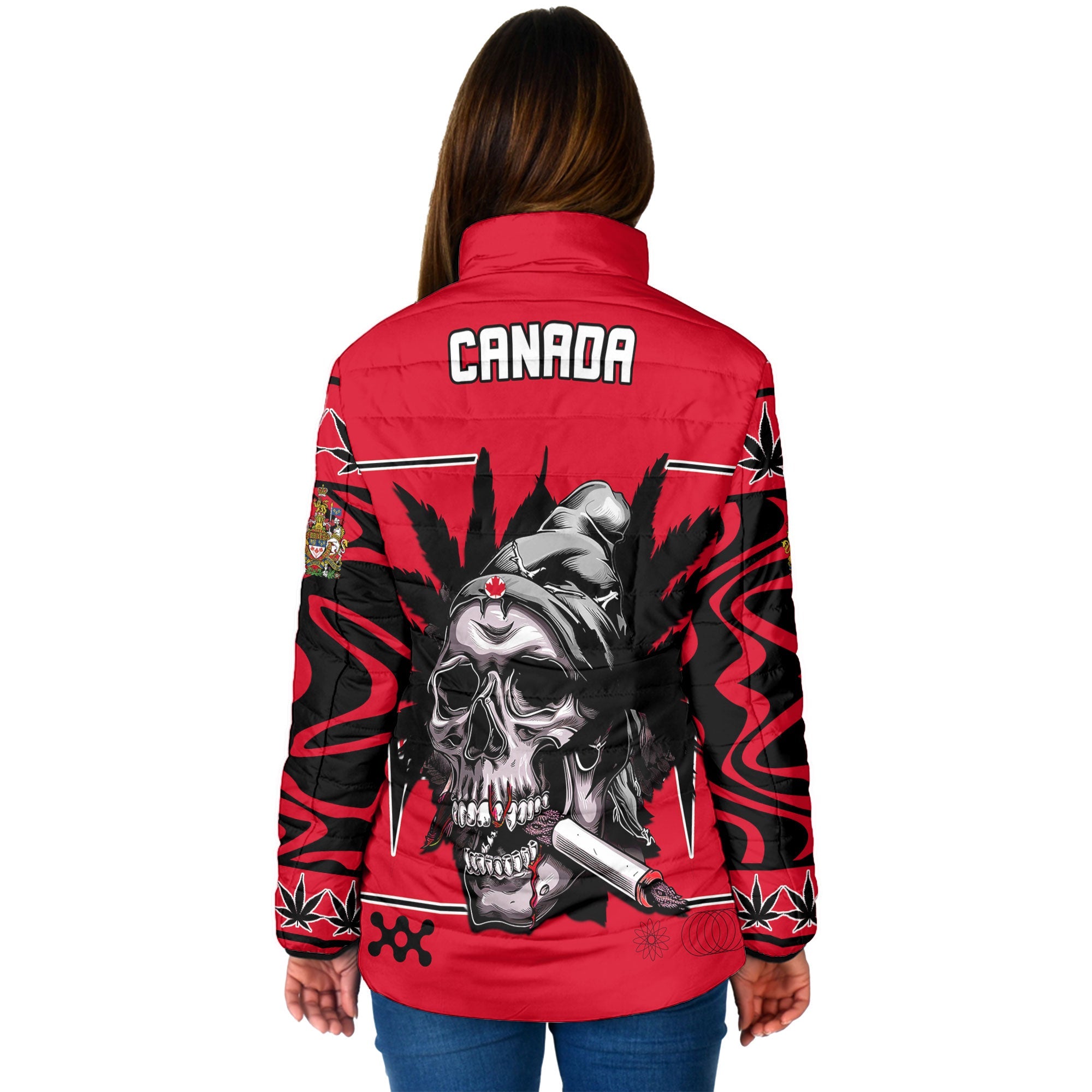 Canada Women Padded Jacket Flag & Coat Of Arms Marijuanas Style