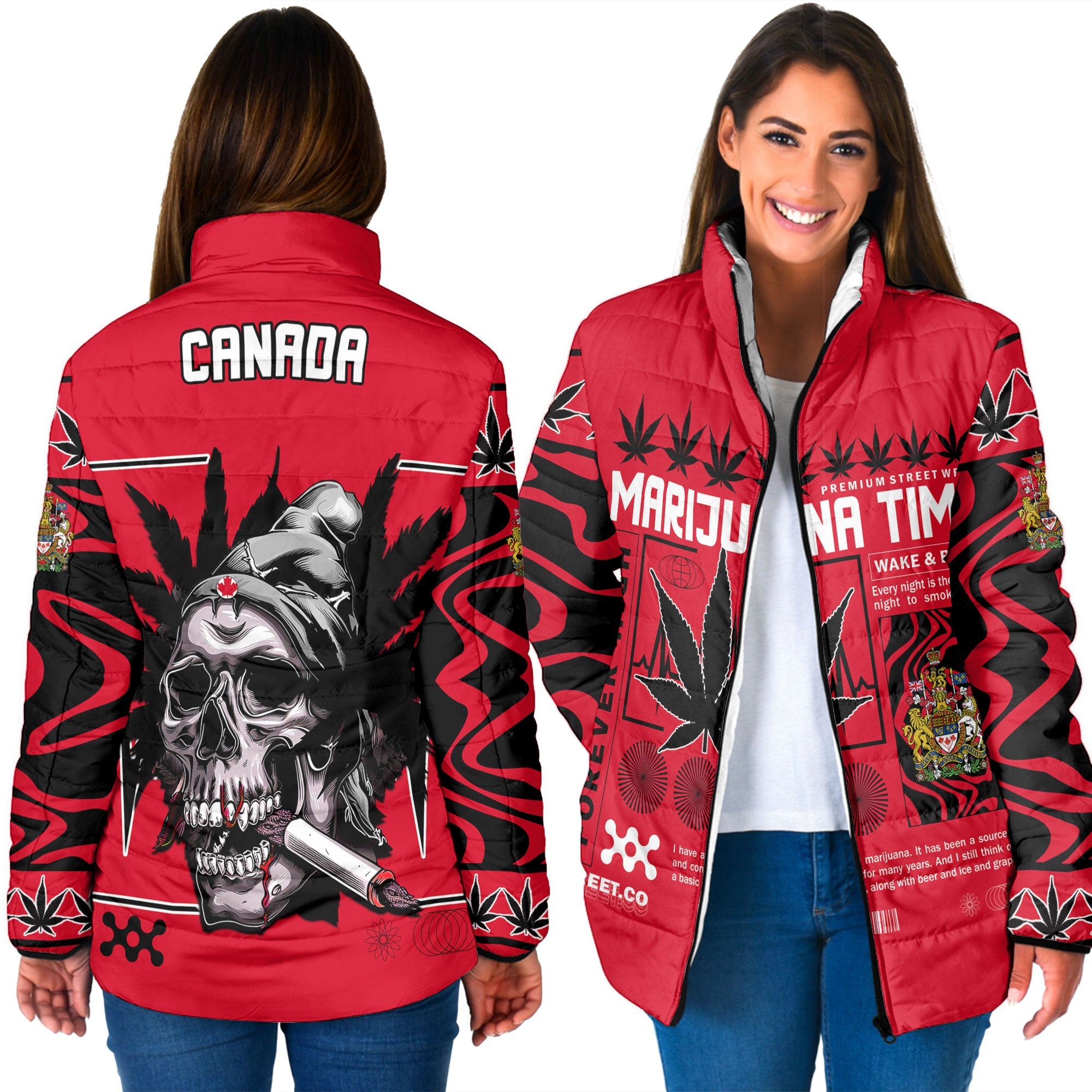 Canada Women Padded Jacket Flag & Coat Of Arms Marijuanas Style