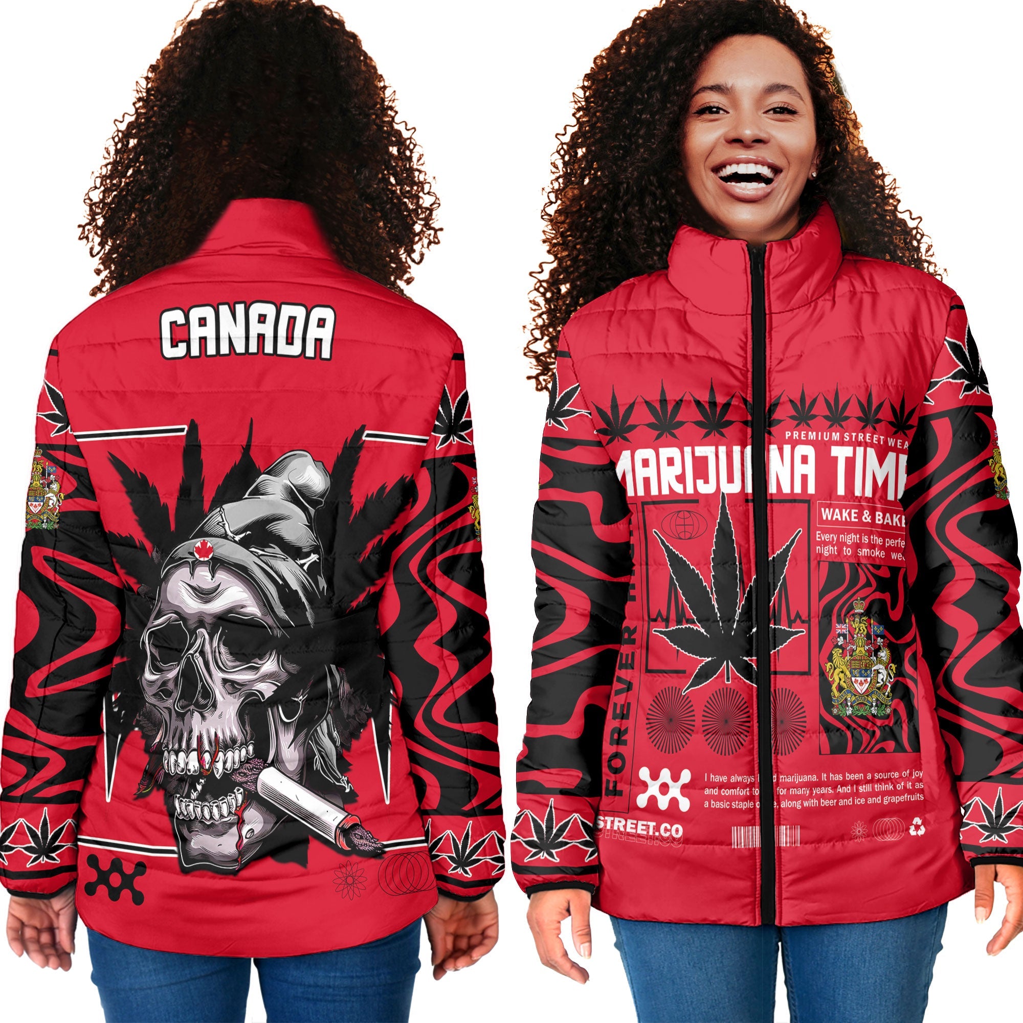 Canada Women Padded Jacket Flag & Coat Of Arms Marijuanas Style