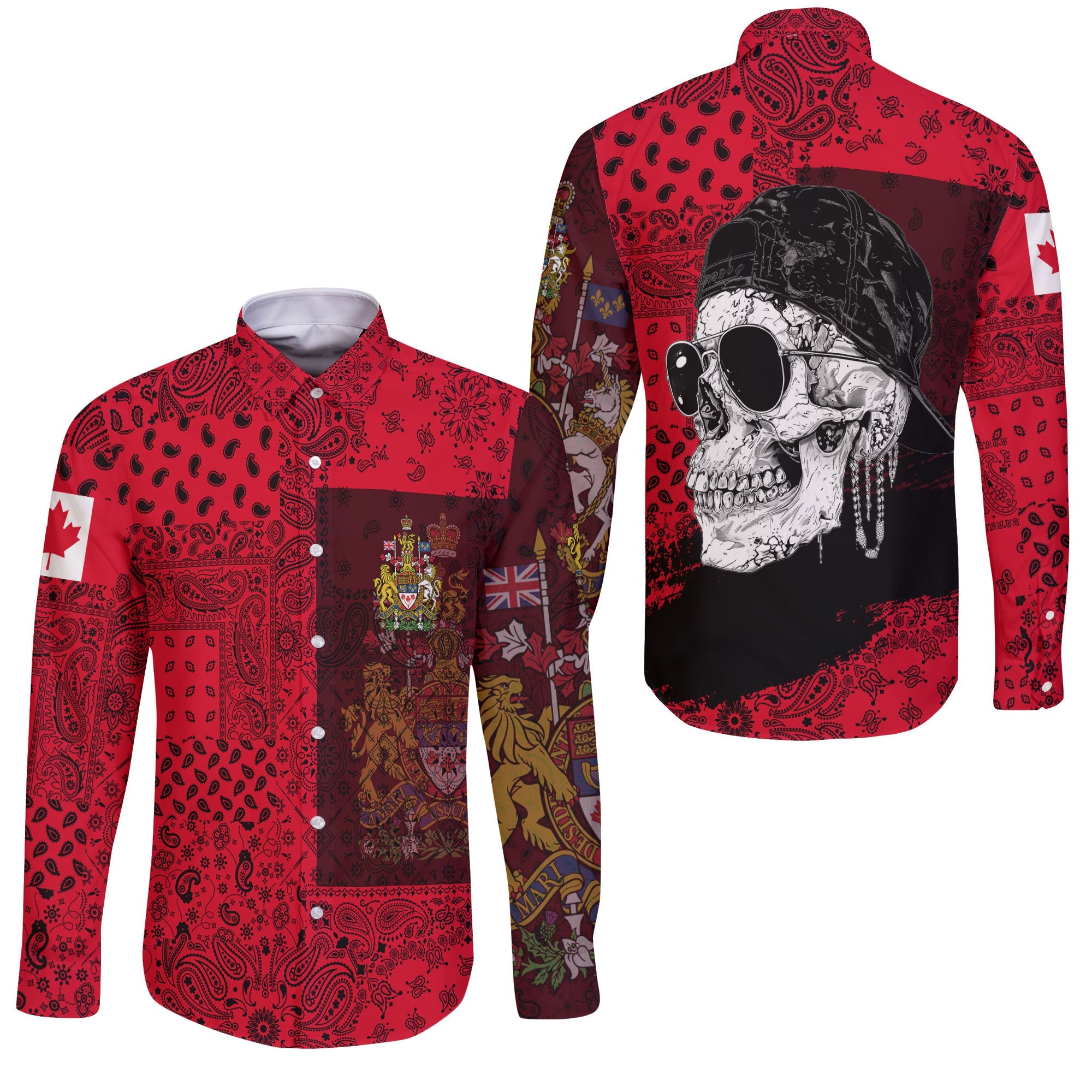 Canada Long Sleeve Button Shirt Paisley Flag And Skull Style 3