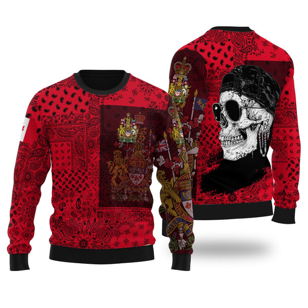 Canada Ugly Sweater Paisley Flag And Skull Style 1