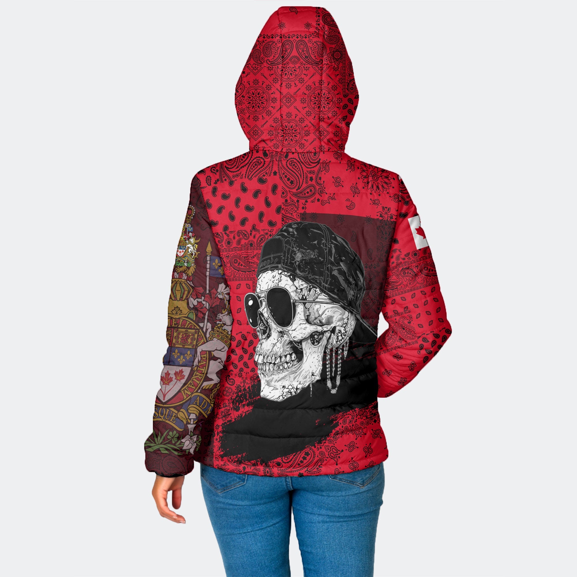 Canada Women Hooded Padded Jacket Paisley Flag And Skull Style 2