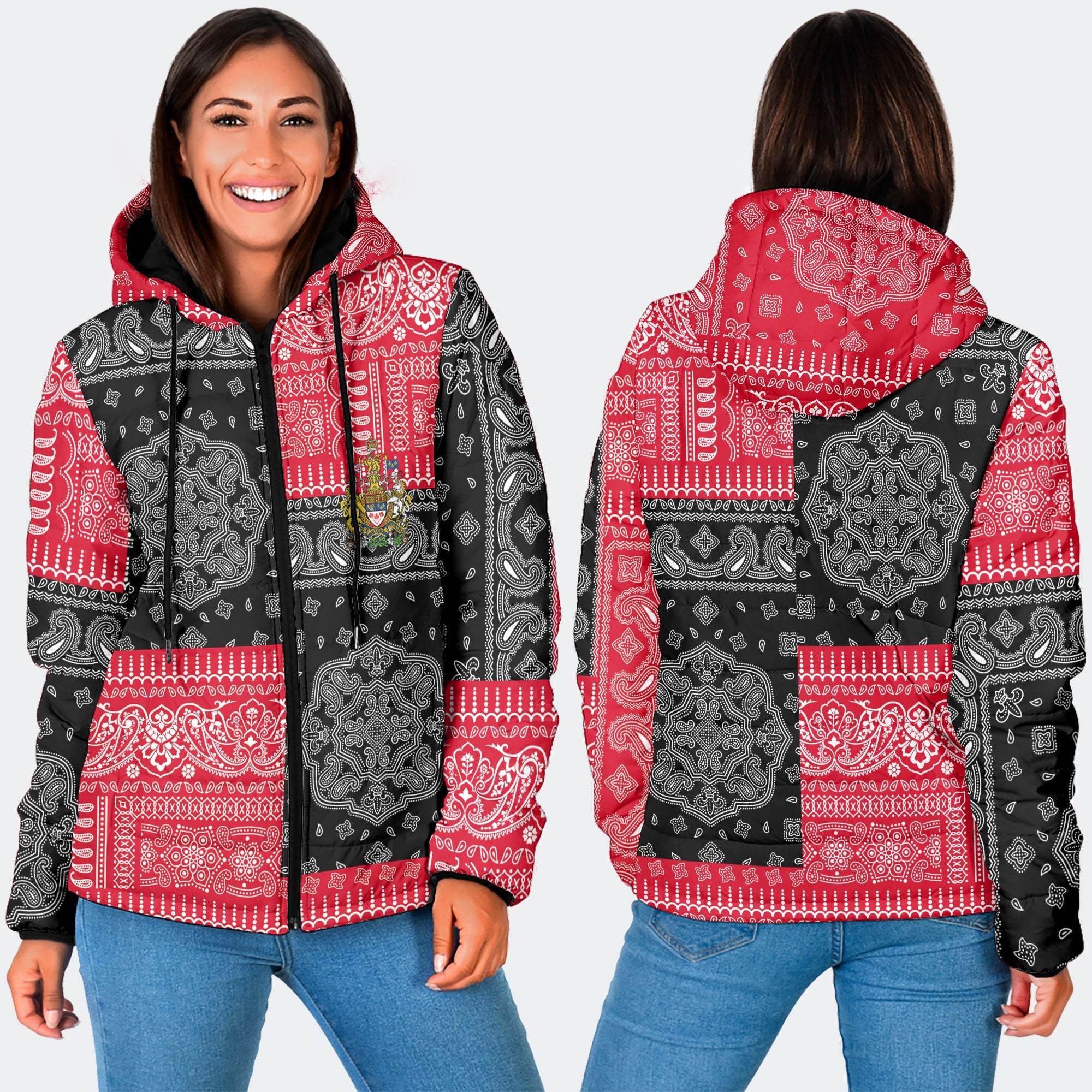 Canada Women Hooded Padded Jacket Flag And Paisley Basic Style 3