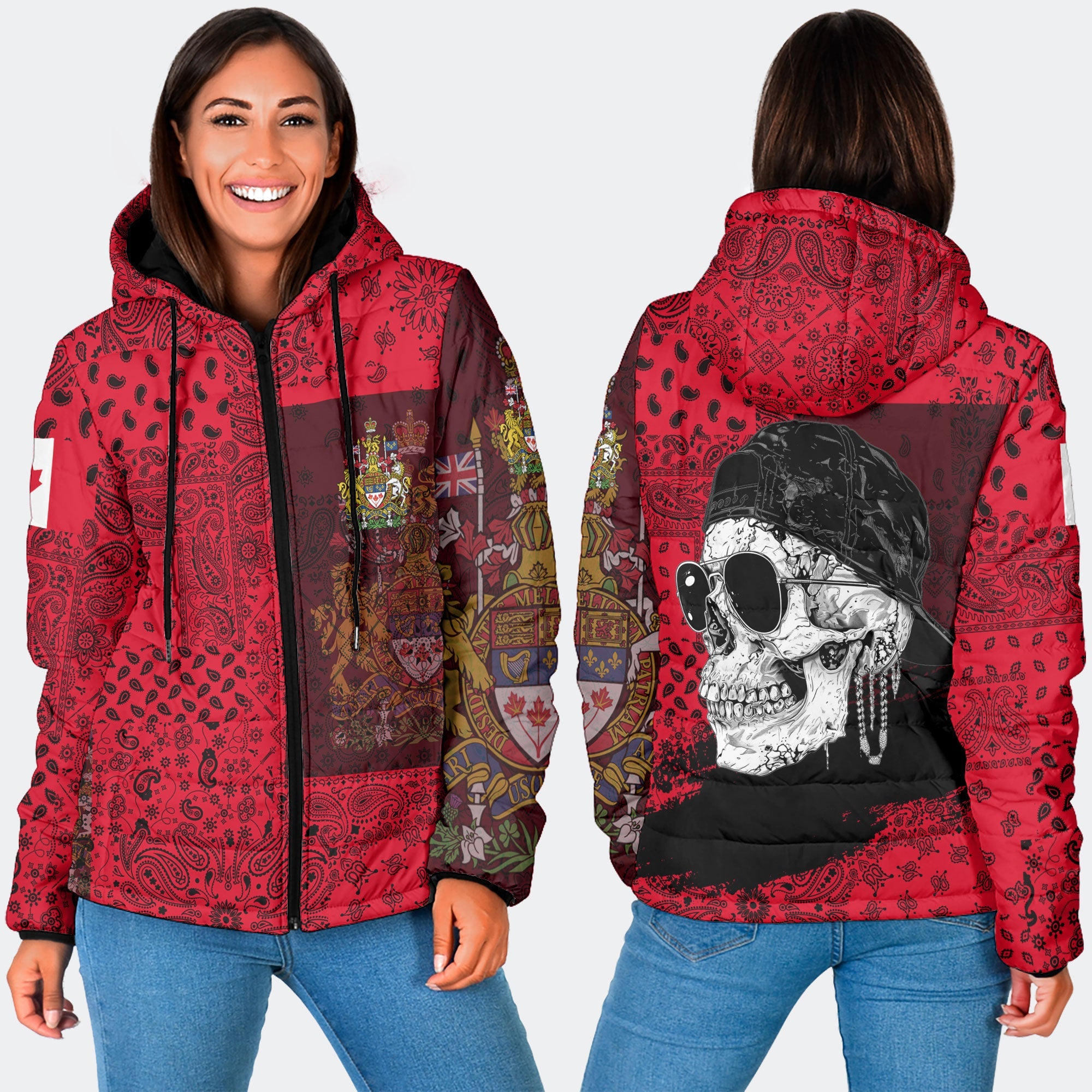 Canada Women Hooded Padded Jacket Paisley Flag And Skull Style 3