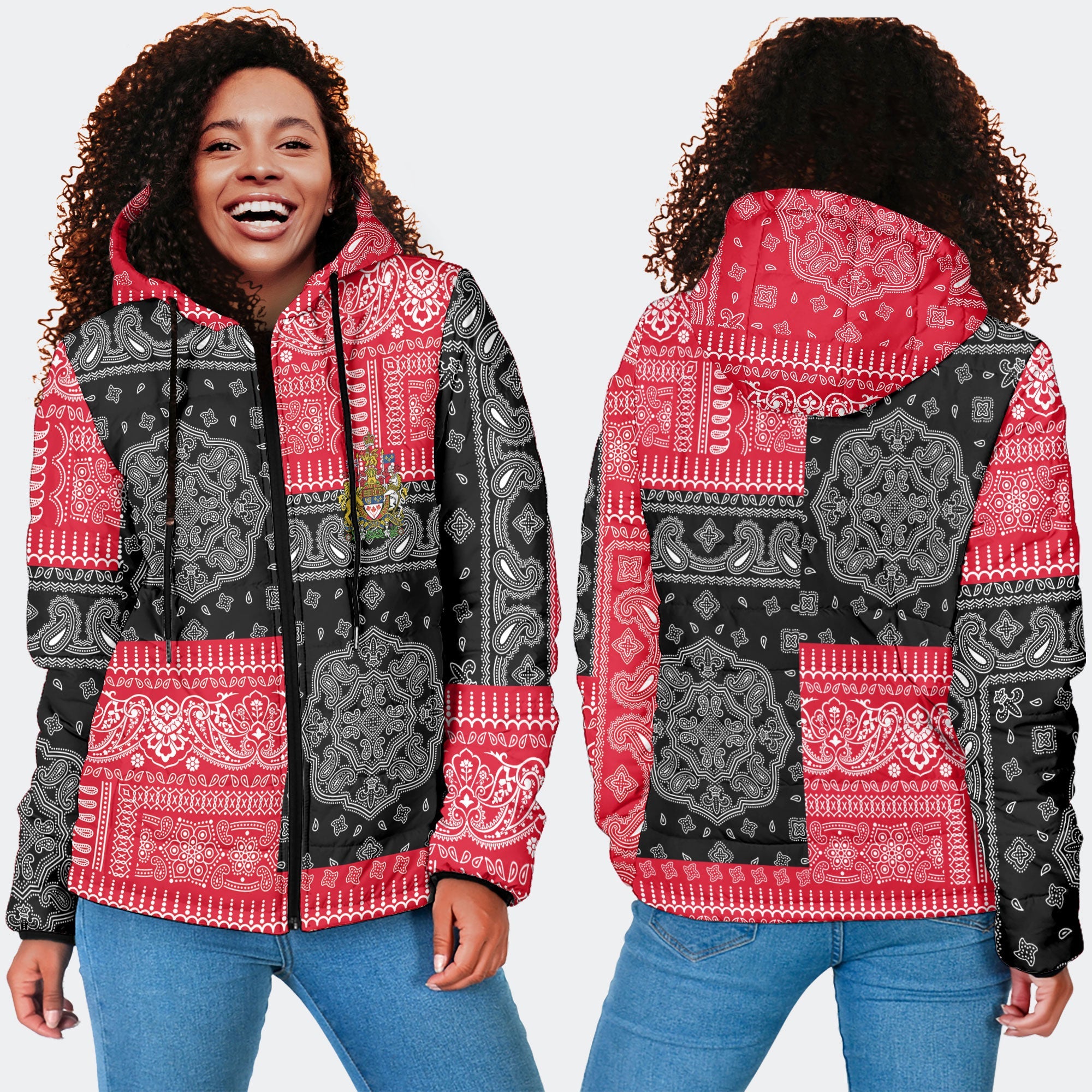 Canada Women Hooded Padded Jacket Flag And Paisley Basic Style 4