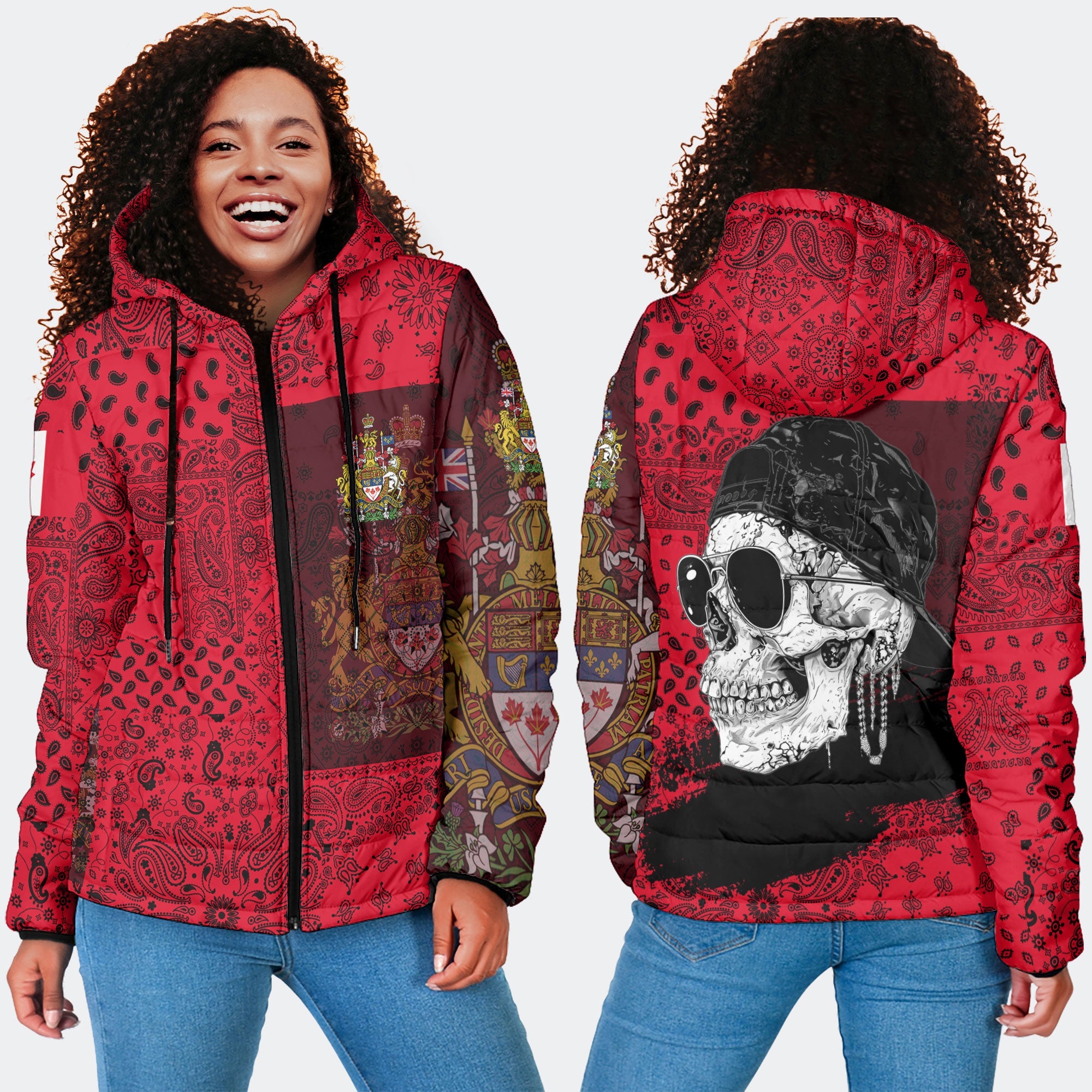 Canada Women Hooded Padded Jacket Paisley Flag And Skull Style 4