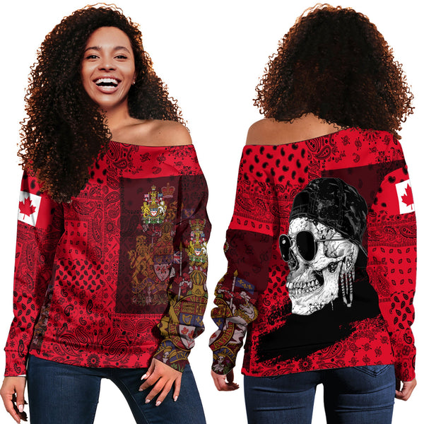 Canada Women Off Shoulder Sweatshirt Paisley Flag And Skull Style 1