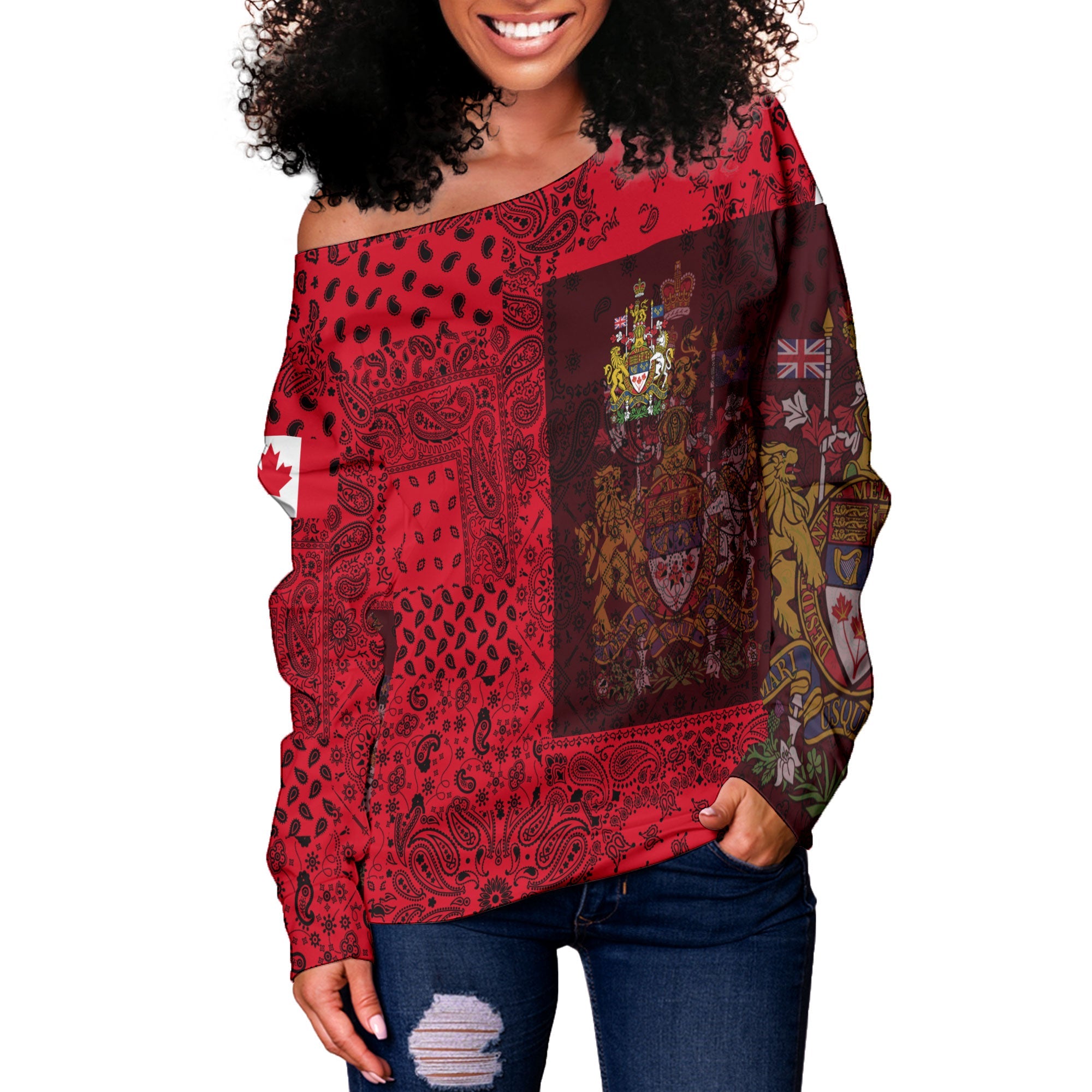 Canada Women Off Shoulder Sweatshirt Paisley Flag And Skull Style 2