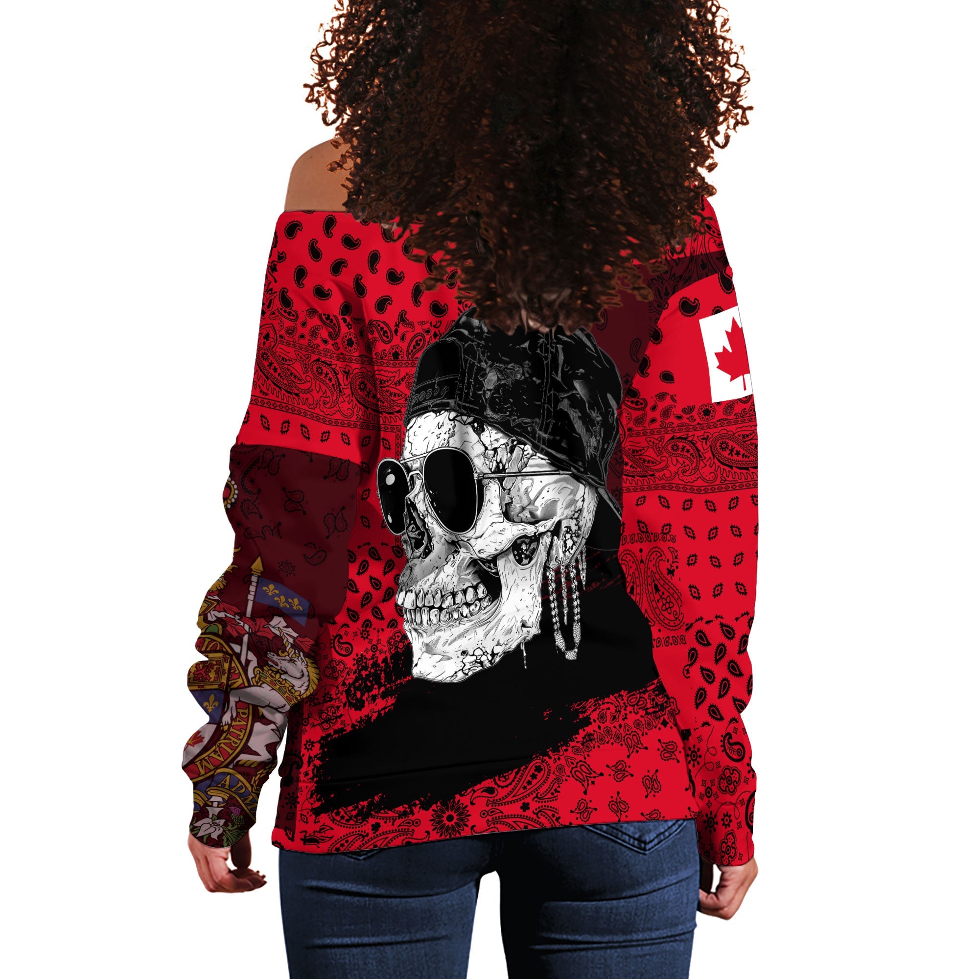 Canada Women Off Shoulder Sweatshirt Paisley Flag And Skull Style 3