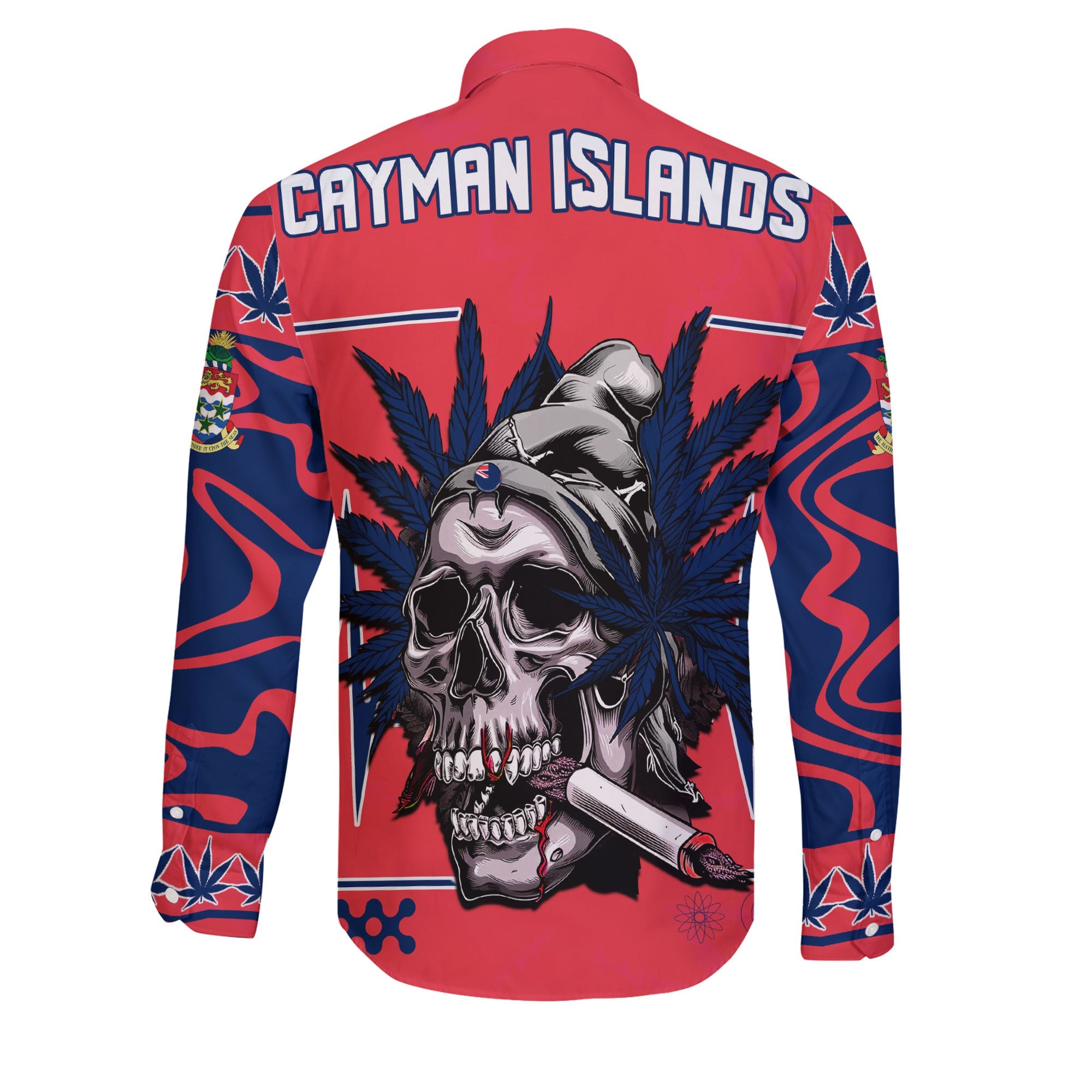 Cayman Islands Long Sleeve Button Shirt Flag & Coat Of Arms Marijuanas Style