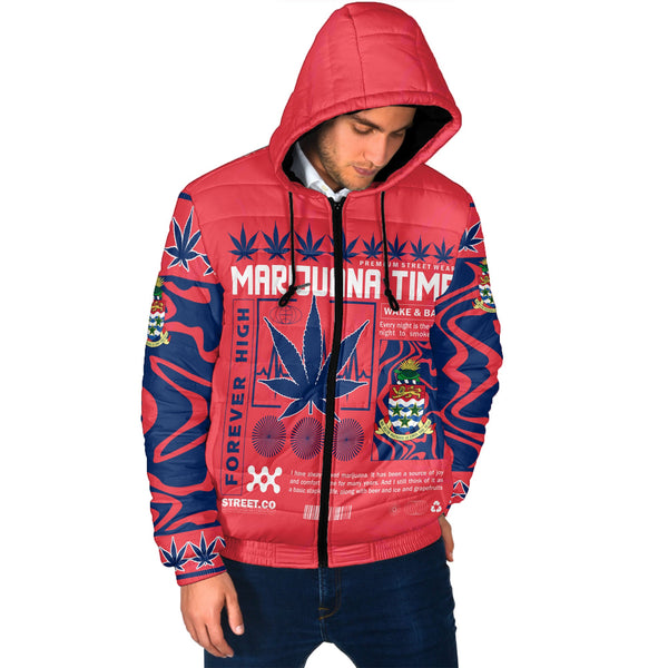 Cayman Islands Men Hooded Padded Jacket Flag & Coat Of Arms Marijuanas Style