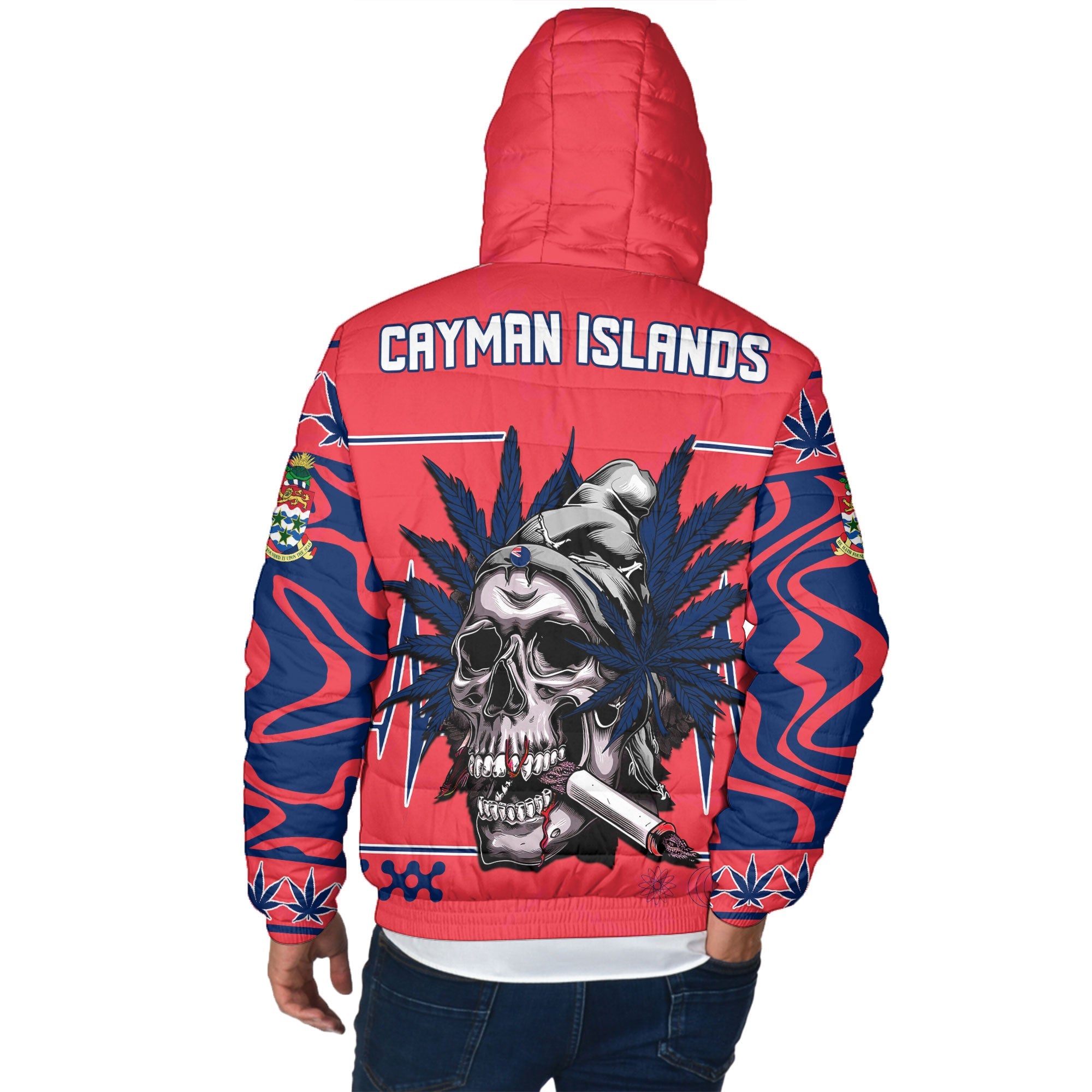 Cayman Islands Men Hooded Padded Jacket Flag & Coat Of Arms Marijuanas Style