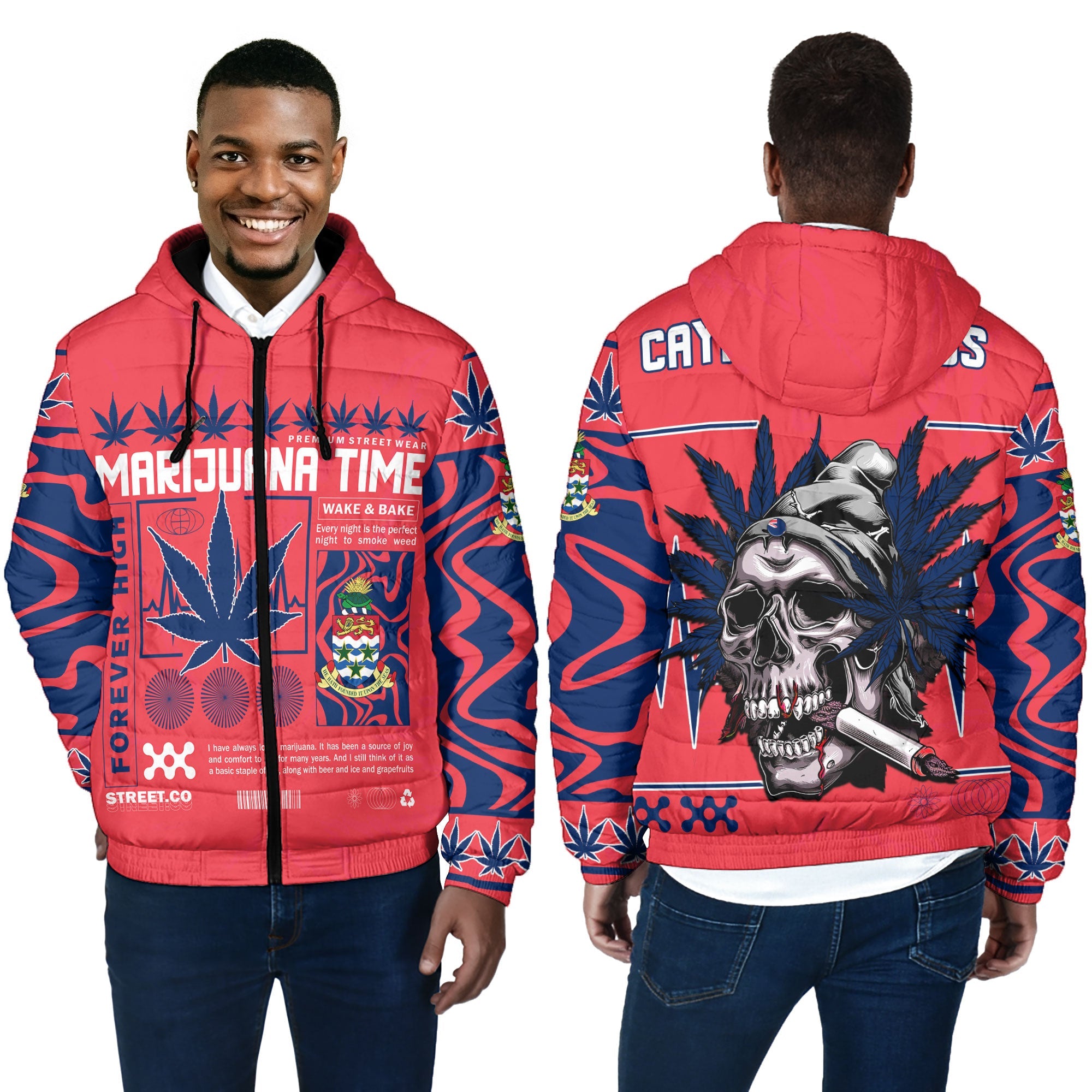 Cayman Islands Men Hooded Padded Jacket Flag & Coat Of Arms Marijuanas Style