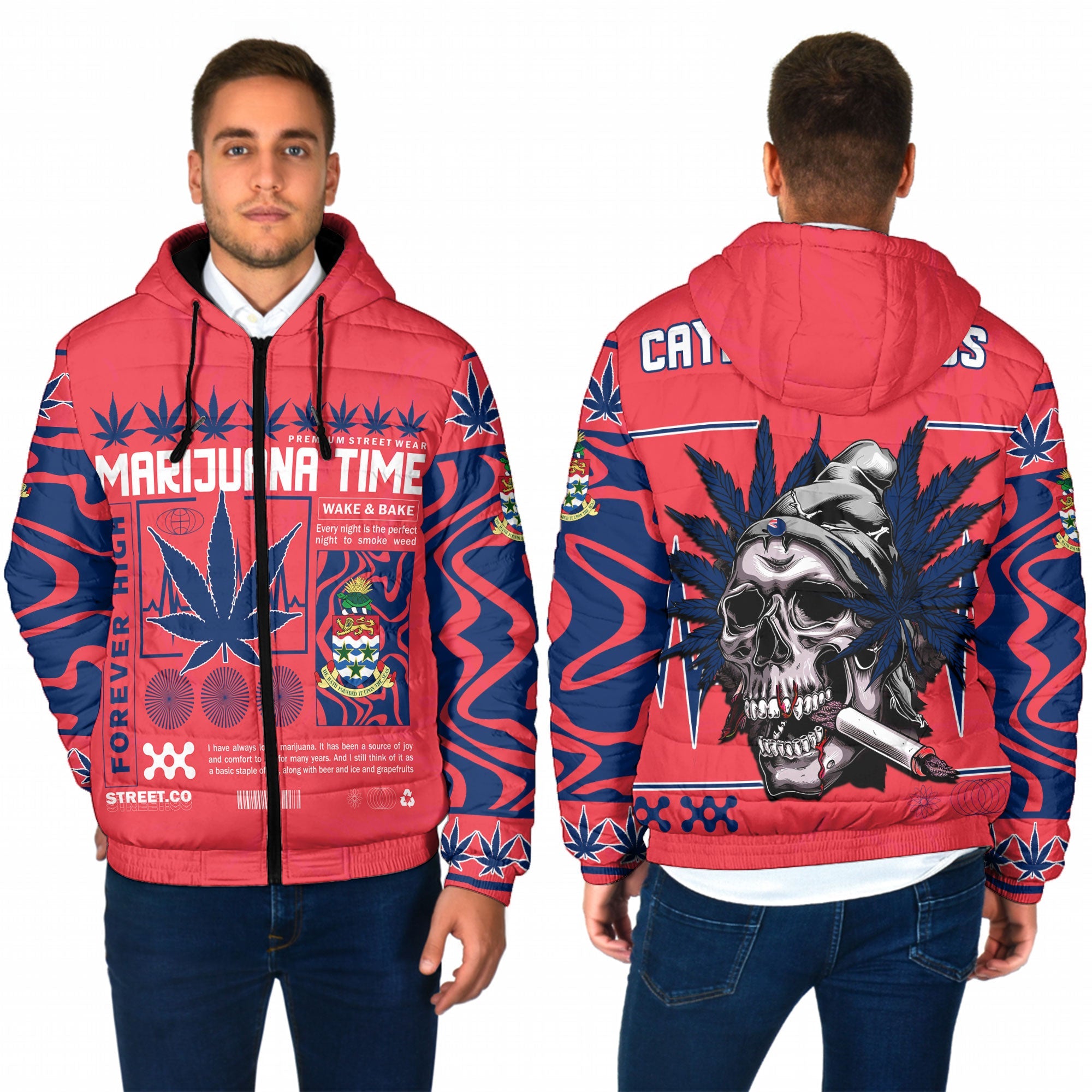 Cayman Islands Men Hooded Padded Jacket Flag & Coat Of Arms Marijuanas Style