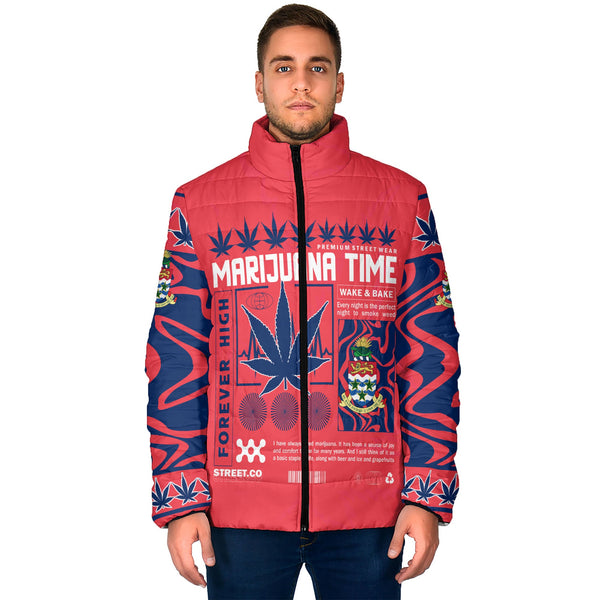 Cayman Islands Men Padded Jacket Flag & Coat Of Arms Marijuanas Style