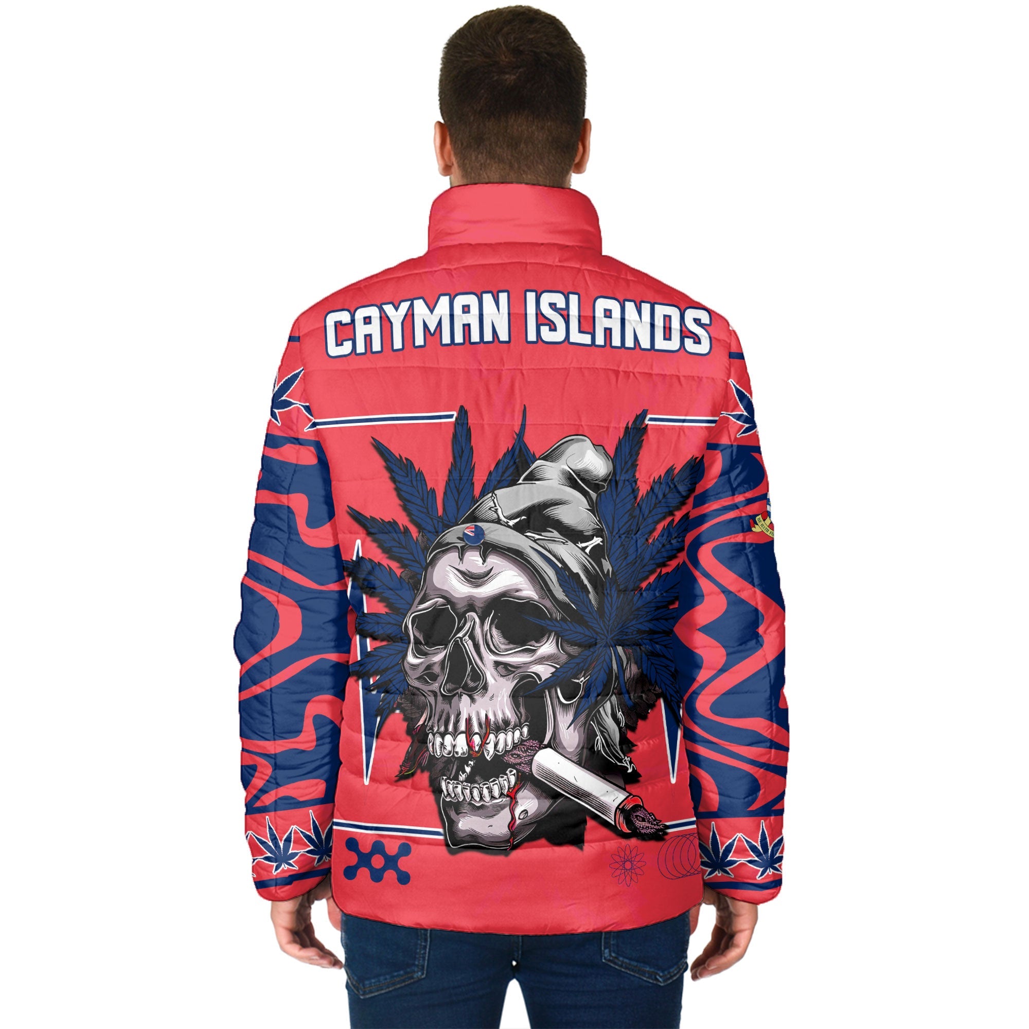 Cayman Islands Men Padded Jacket Flag & Coat Of Arms Marijuanas Style