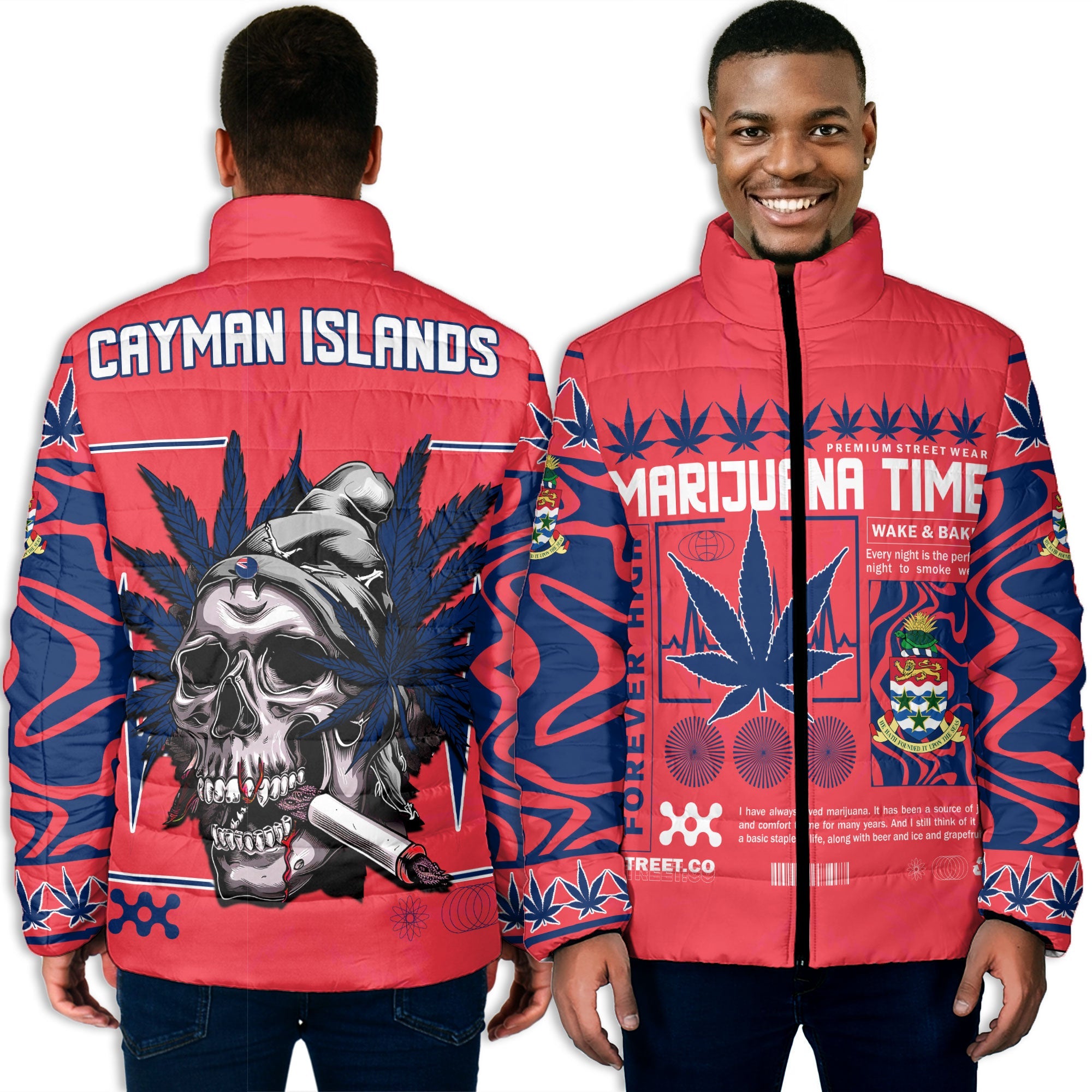 Cayman Islands Men Padded Jacket Flag & Coat Of Arms Marijuanas Style