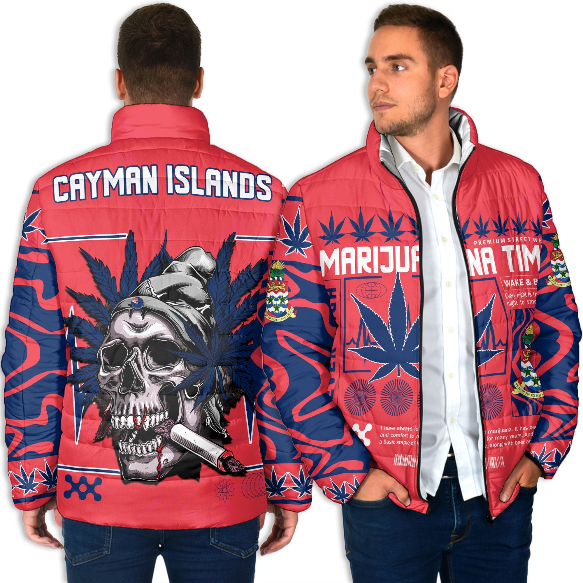 Cayman Islands Men Padded Jacket Flag & Coat Of Arms Marijuanas Style