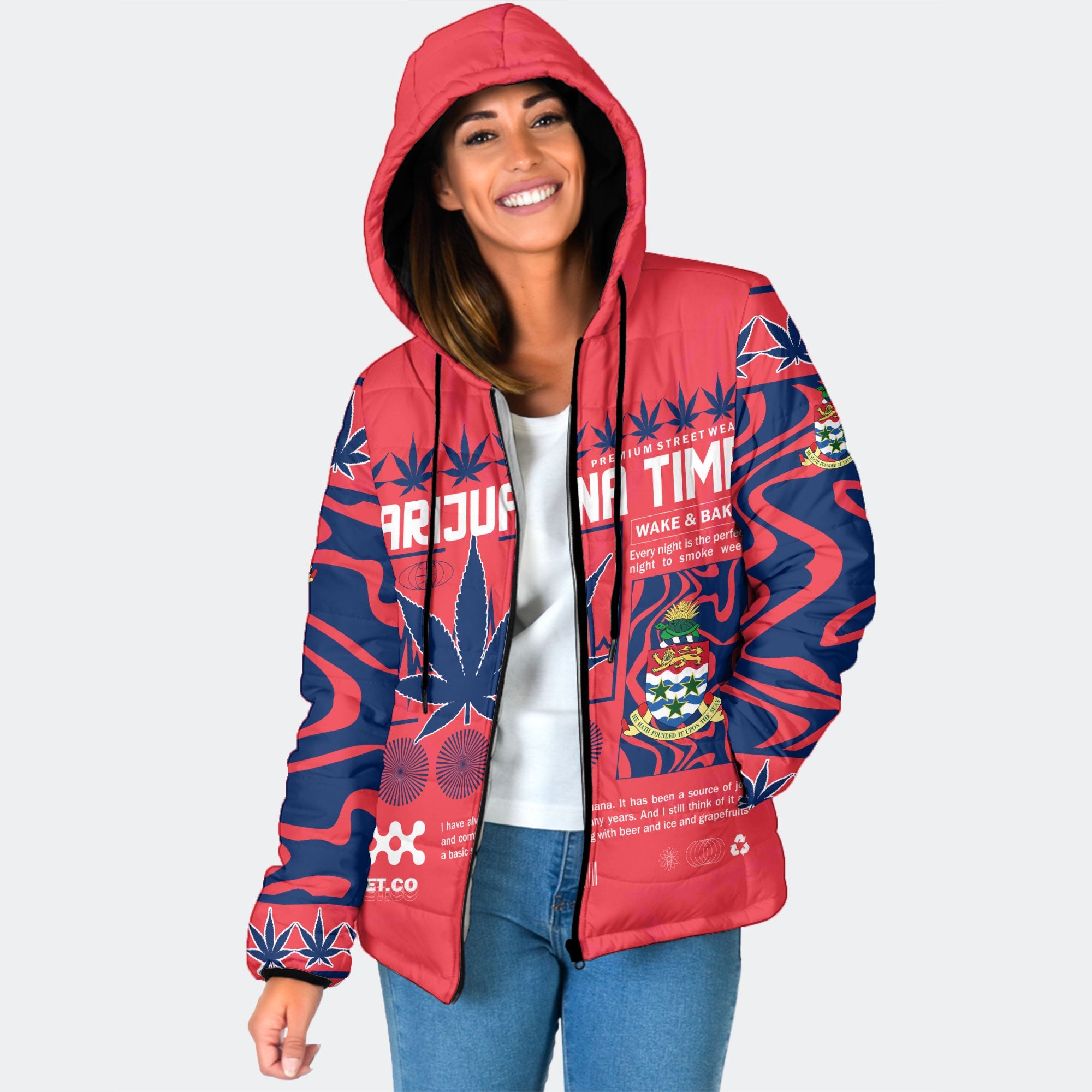 Cayman Islands Women Hooded Padded Jacket Flag & Coat Of Arms Marijuanas Style